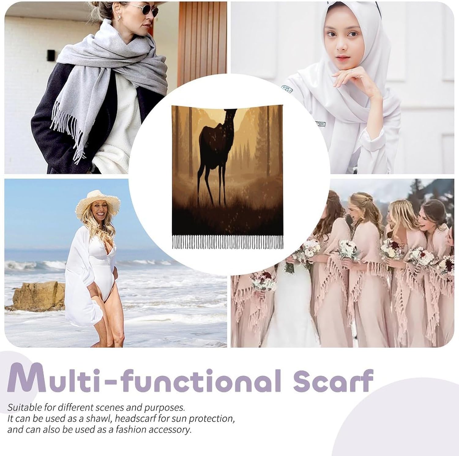 Elk Artwork Winter Scarf for Women Soft Tassel Scarves Oversized Wraps Long Shawl Cold Weather Thick Blanket Scarfs