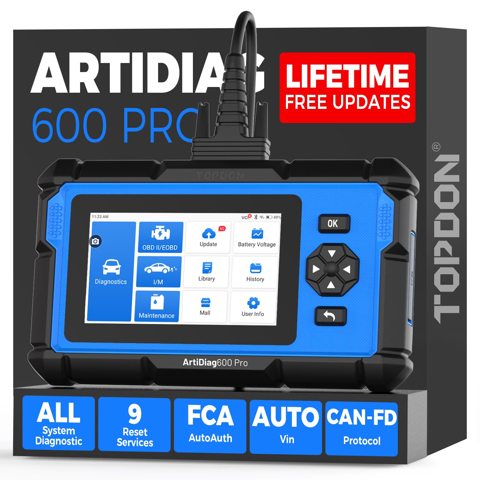 TOPDON ArtiDiag600 Pro, Diagnosegerät Auto, OBD2 Diagnosegerät für alle Fahrzeuge, 9 Servicefunktionen für Öl/ABS/DPF/SRS/SAS/Injektorcodierung, verbesserte Version von AD600 S/AD500