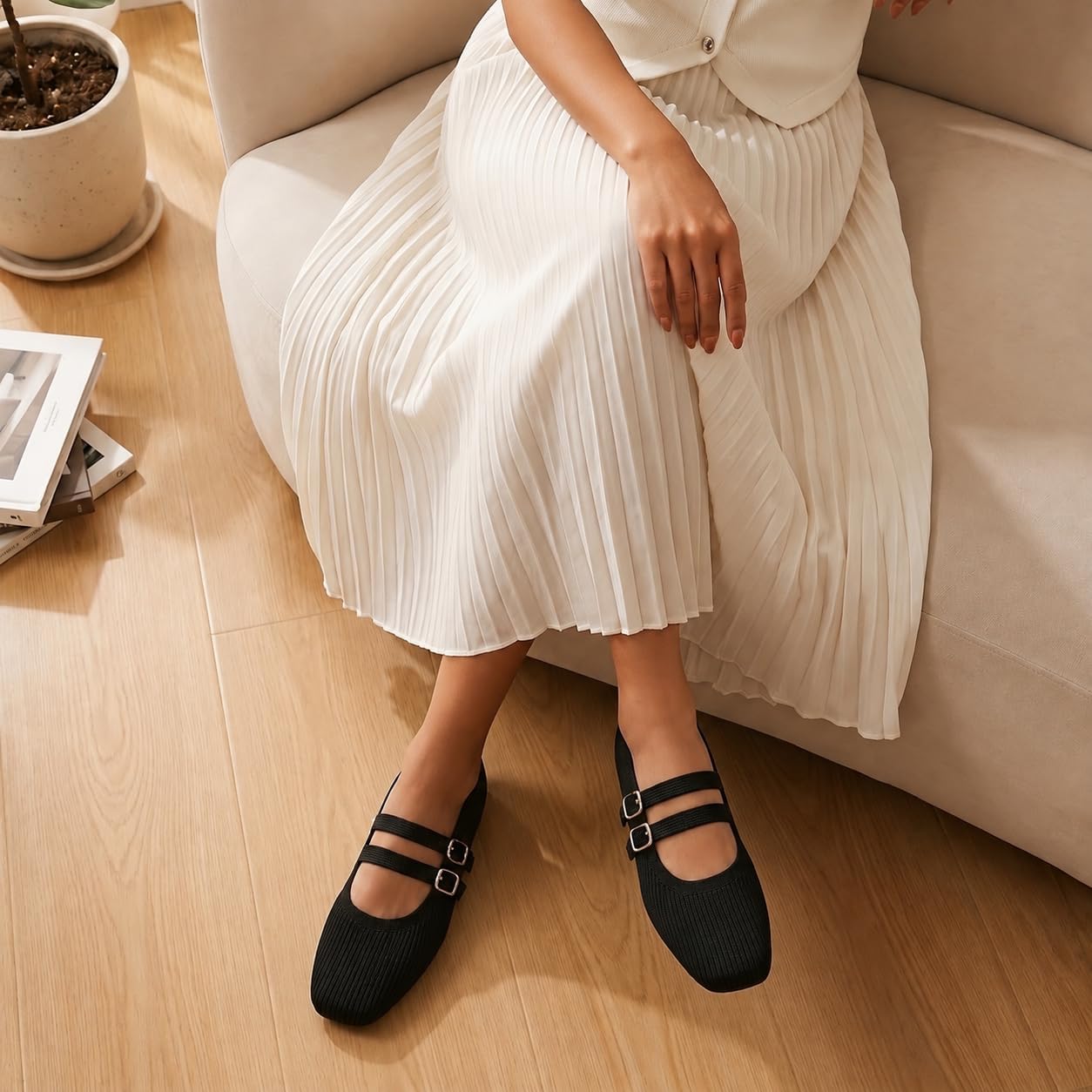 Mary Jane Flats for Women Square Toe Knit Ballet Flat Comfortable Dressy Casual Shoes