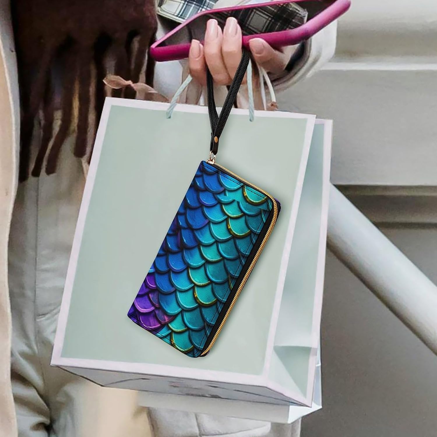 Colorful Fish Mermaid Scales Print PU Leather Wristlet Wallet Slim Card Holder Organizer with Zipper Coin Pocket & Cash Slots for Women Men