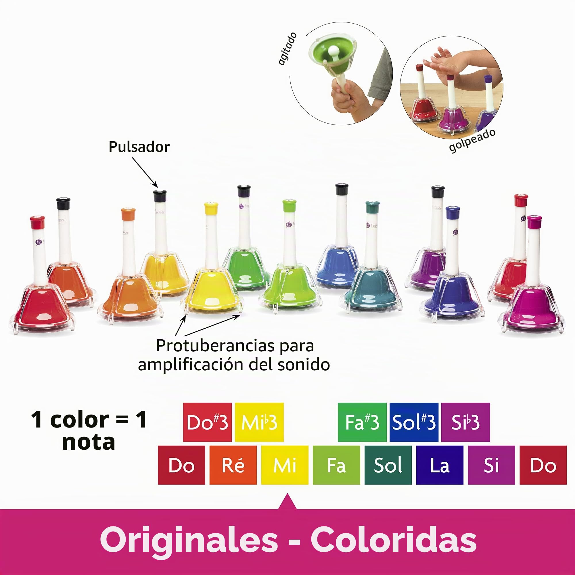 FUZEAU 70610 - Juego de 13 campanas afinadas, 2 en 1, para sacudir a golpear, 1 color = 1 nota - Originales - Coloridos - A partir de 3 años