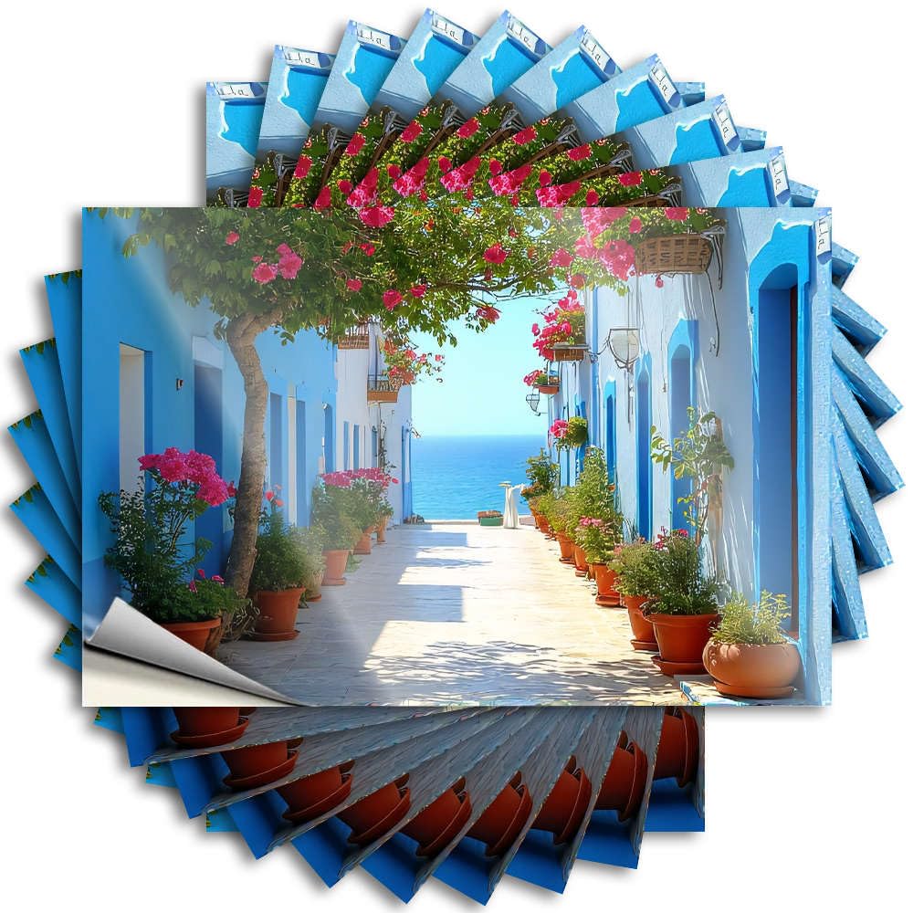 Tattoo Lover, Outdoor Case A Picturesque Alley Adorned with Vibrant Flowers Leads to The Sea. | Unique Home Decor(12X18CM)