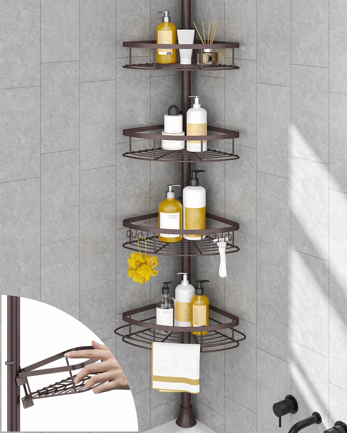 SEIRIONE Rustproof Shower Corner Caddy Organizer for Bathroom, 4-Tier Adjustable Bathroom Shelf with Tension Pole, Solid Rack Ideal for Bathtub Storage, 34 to 116 Inch Height, Black