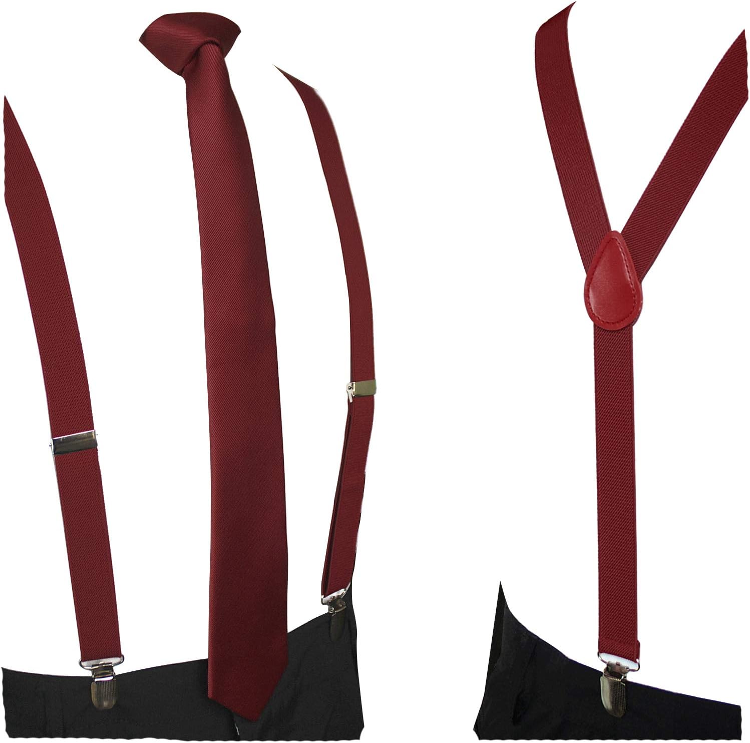 JEMYGINS Solid Color Suspender and Silk Skinny Tie Sets for Men