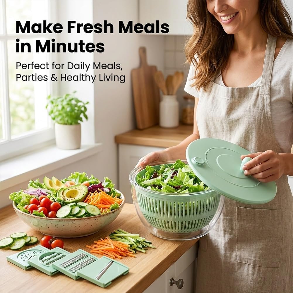 All-in-One Salad Spinner & Vegetable Chopper, 5.3Qt Large Lettuce Spinner with 5 Blades Slicer, Fruit & Vegetable Washer Bowl with Strainer, Egg Yolk Separator, for Kitchen Prep (White)