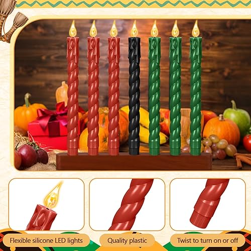 Miniatura 3 de BBTO Kwanzaa Kinara - Juego de 7 portavelas de madera con velas LED sin llama, sin humo y de larga duración, velas eléctricas a pilas para