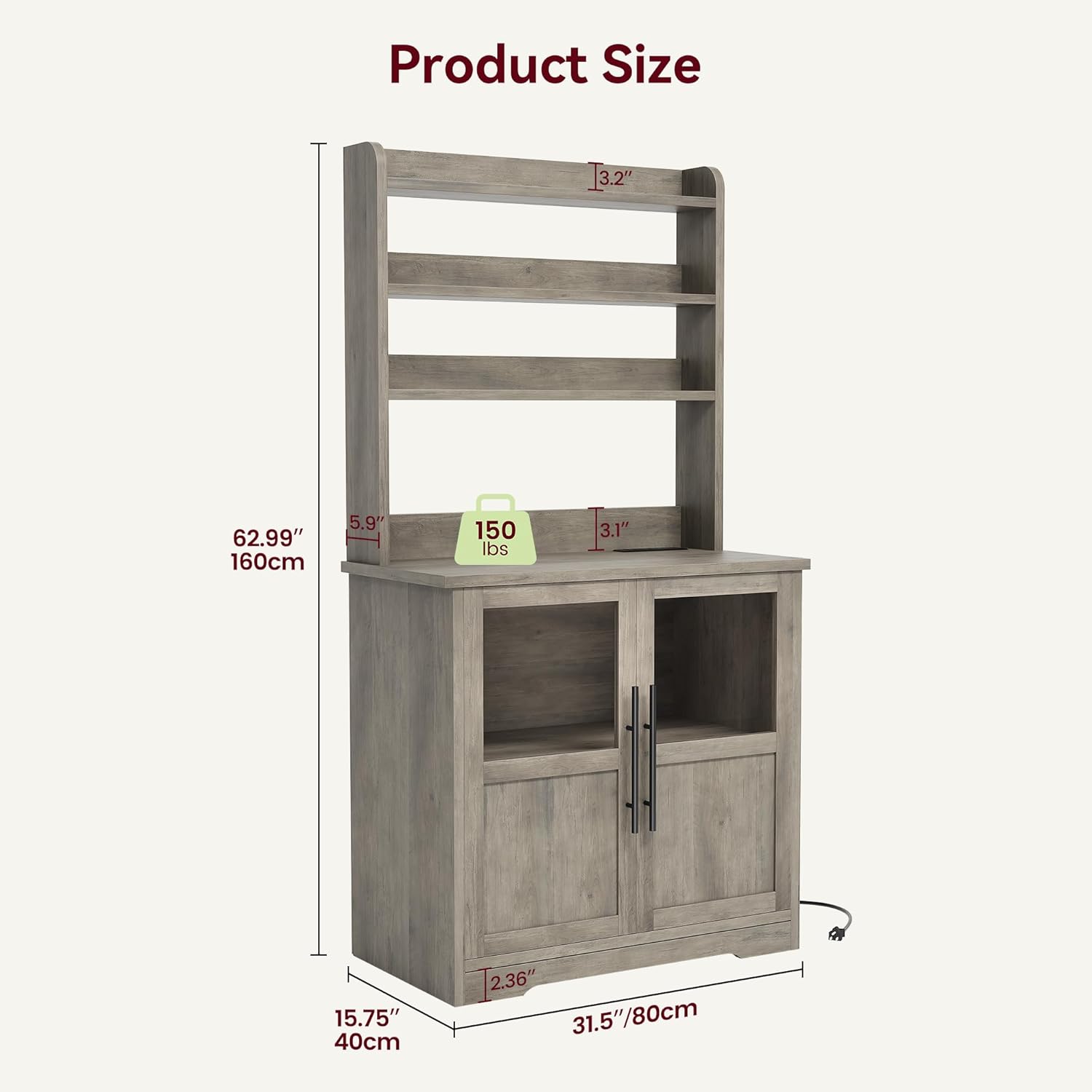 Bakers Rack with Storage Cabinet, Farmhouse Microwave Stand with Power Outlets & Glass Doors, Small Kitchen Bakers Rack with Thick Table Top, Coffee Bar Station, Retro Gray