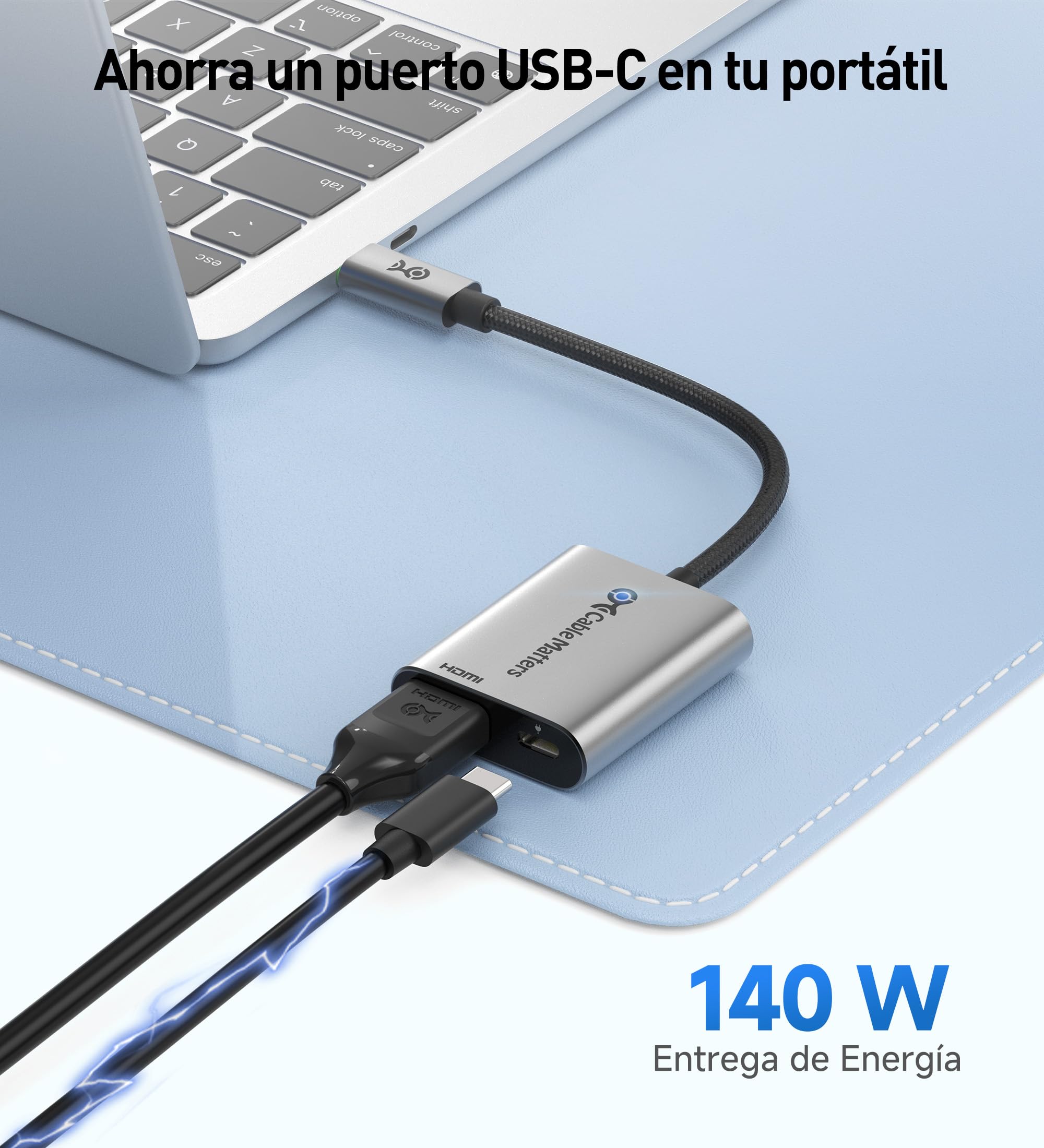 Cable Matters Adaptador USB C a HDMI 2.1 de 48 Gbps con carga de 140 W para MacOS, Windows, soporta [4K a 240Hz /8K a 60Hz HDR], adaptador Thunderbolt 4 a HDMI, compatible con MacBook, portátiles