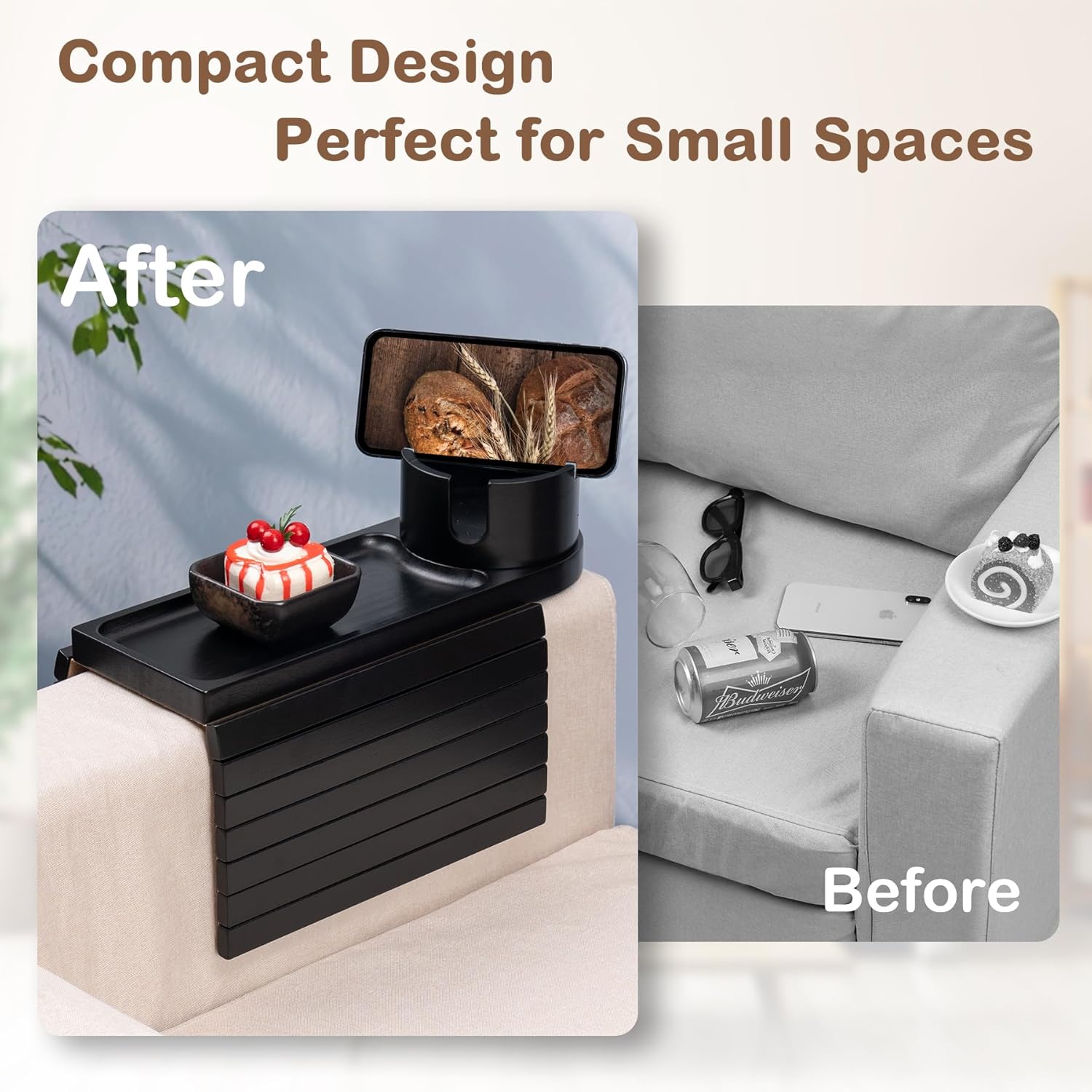 Couch Cup Holder Tray for Armrests Over 4.9" Wide, Bamboo Couch Arm Tray with 360° Rotating Phone Stand, 3 in 1 Foldable Sofa Arm Tray Table for Remote, Snacks, Phone, Drinks Black