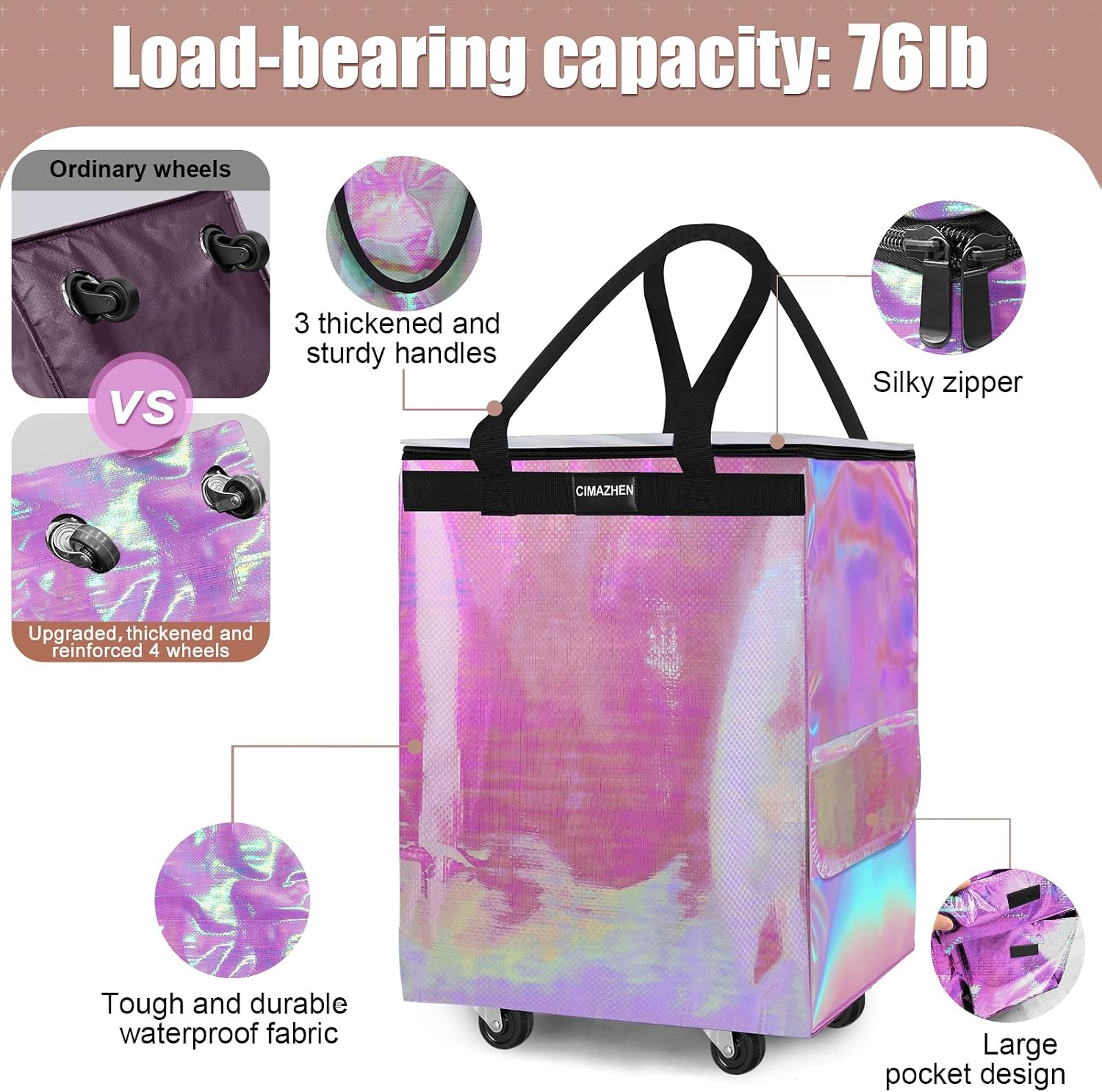 Reusable Grocery Bag on 4 Wheels, Rolling Shopping Tote Bag with 3 Handles image 3