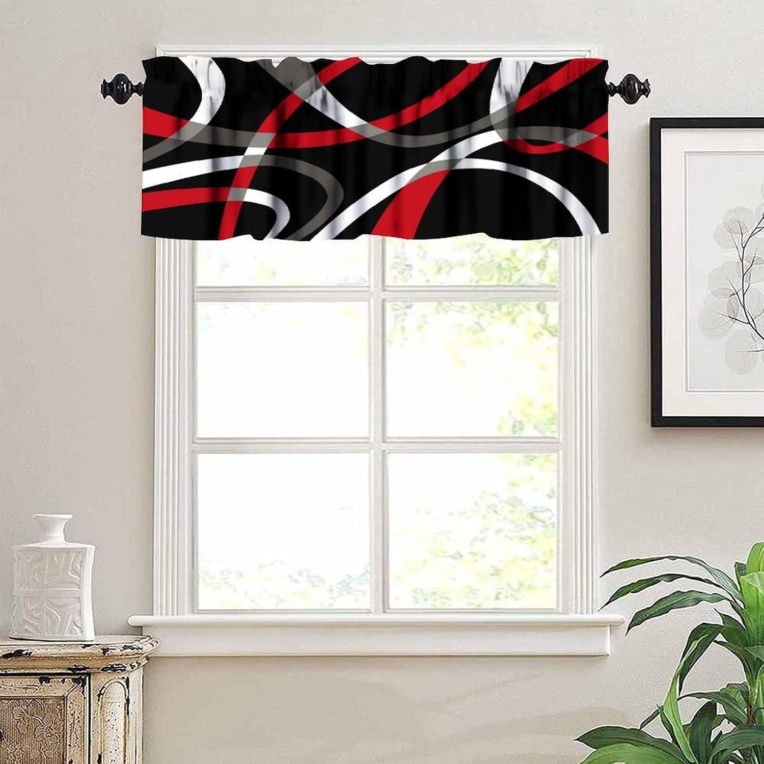 Modern Stripe Geometric Curtain Valance Red Black Grey Abstract Art Rod Pocket Valance for Kitchen Bathroom Farmhouse Living Room Cafe 54x18inch