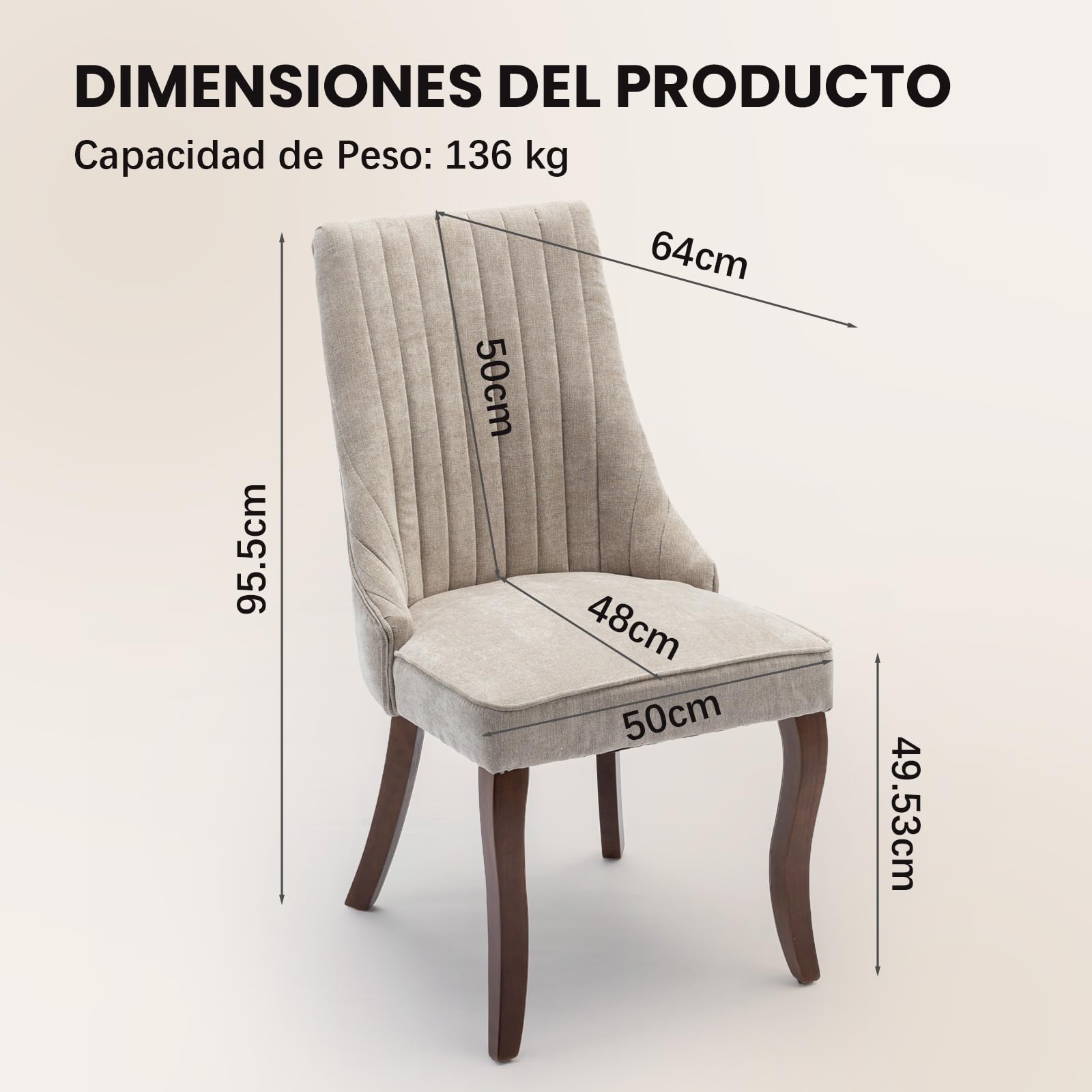 SoarFlash Conjunto de 2 sillas de Comedor, con Respaldo Alto y Acolchado Vertical, Patas de Madera Maciza curvadas, Elegante Silla tapizada para el Comedor, Beige Gris
