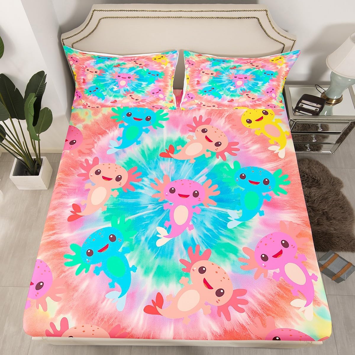 Erosebridal Bohemian Tie Dye Bed Sheets Colorful Axolotls Fitted Sheet Full Size Hippie Spiral Sheets Rainbow Galaxy Bedding Cartoon Animal Pet Reptile Bed Cover 3 Pieces (No Top/Flat Sheet)