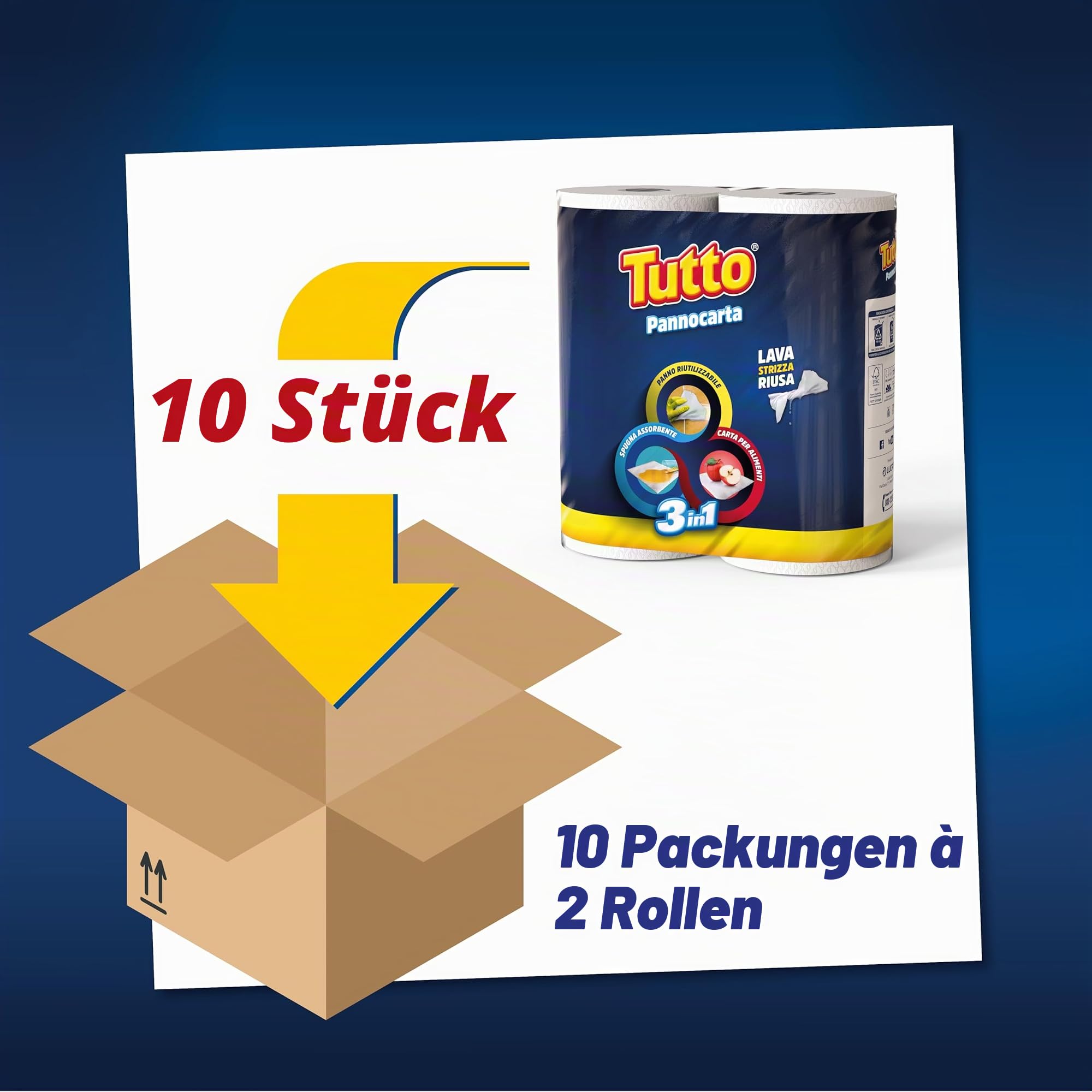 Tutto Pannocarta 3 in 1, 20 Mehrzweck-Papierrollen, 1 Schicht, 48 Risse, extra saugfähig, waschbar und mehr als 20 Mal wiederverwendbar, 100% Made in Italy
