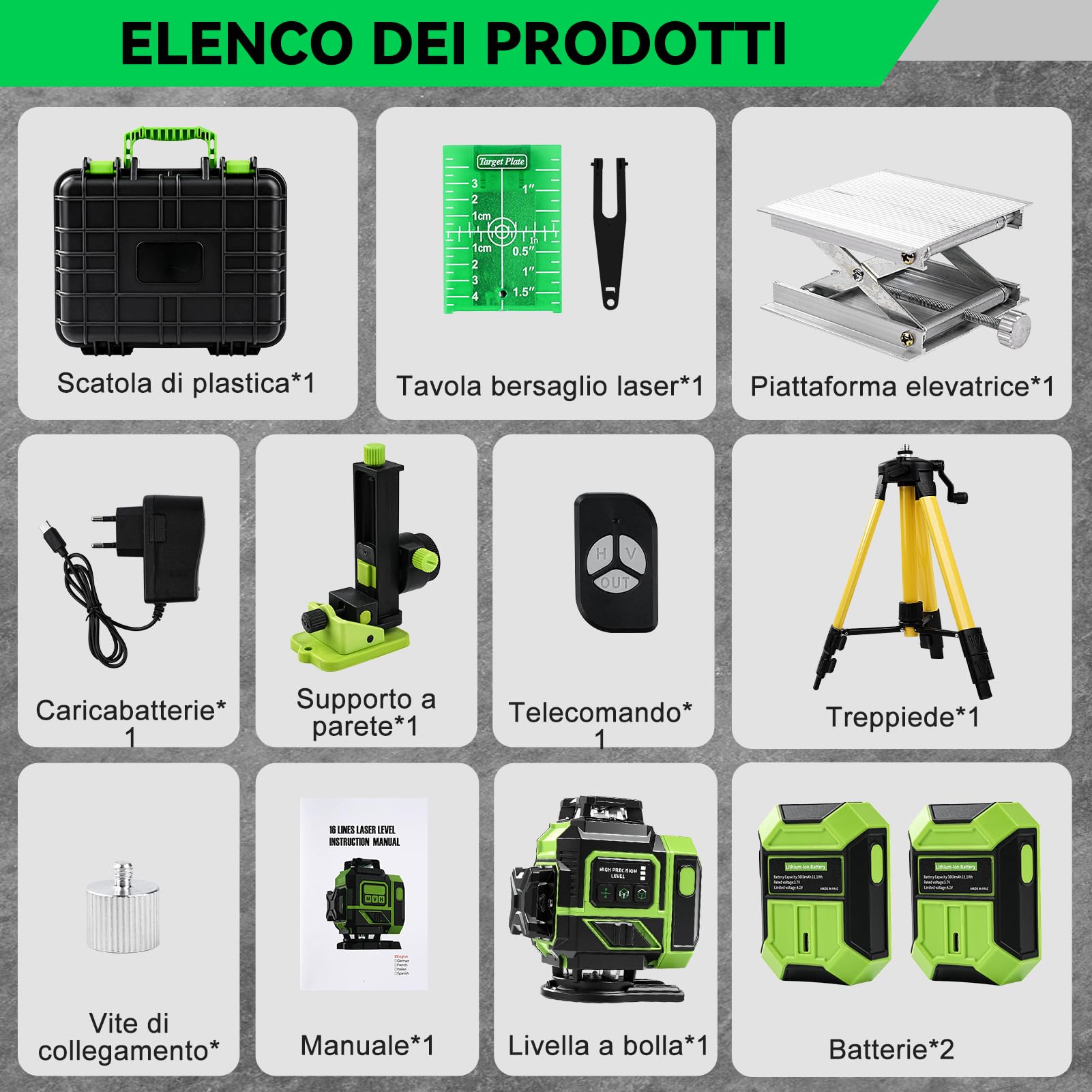 Livella Laser Autolivellante, 16 Lines 4 x360° Livella Laser Verde Potente con Treppiede Telescopico, 4D livella Laser a Linee Incrociate Dispositivo di Livellament, 3600mAh x 2 Batteria
