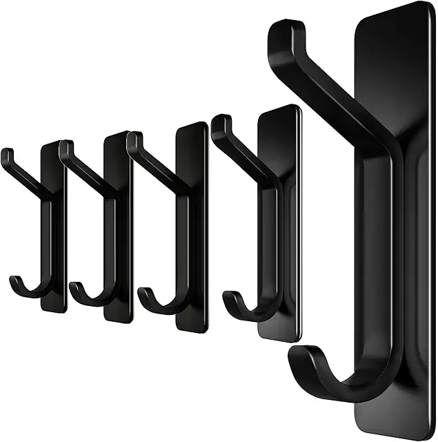 Menz Self-Adhesive Hooks Set of 5 - Extra Strong Stainless Steel Wall Hooks Without Drilling, Black Matte