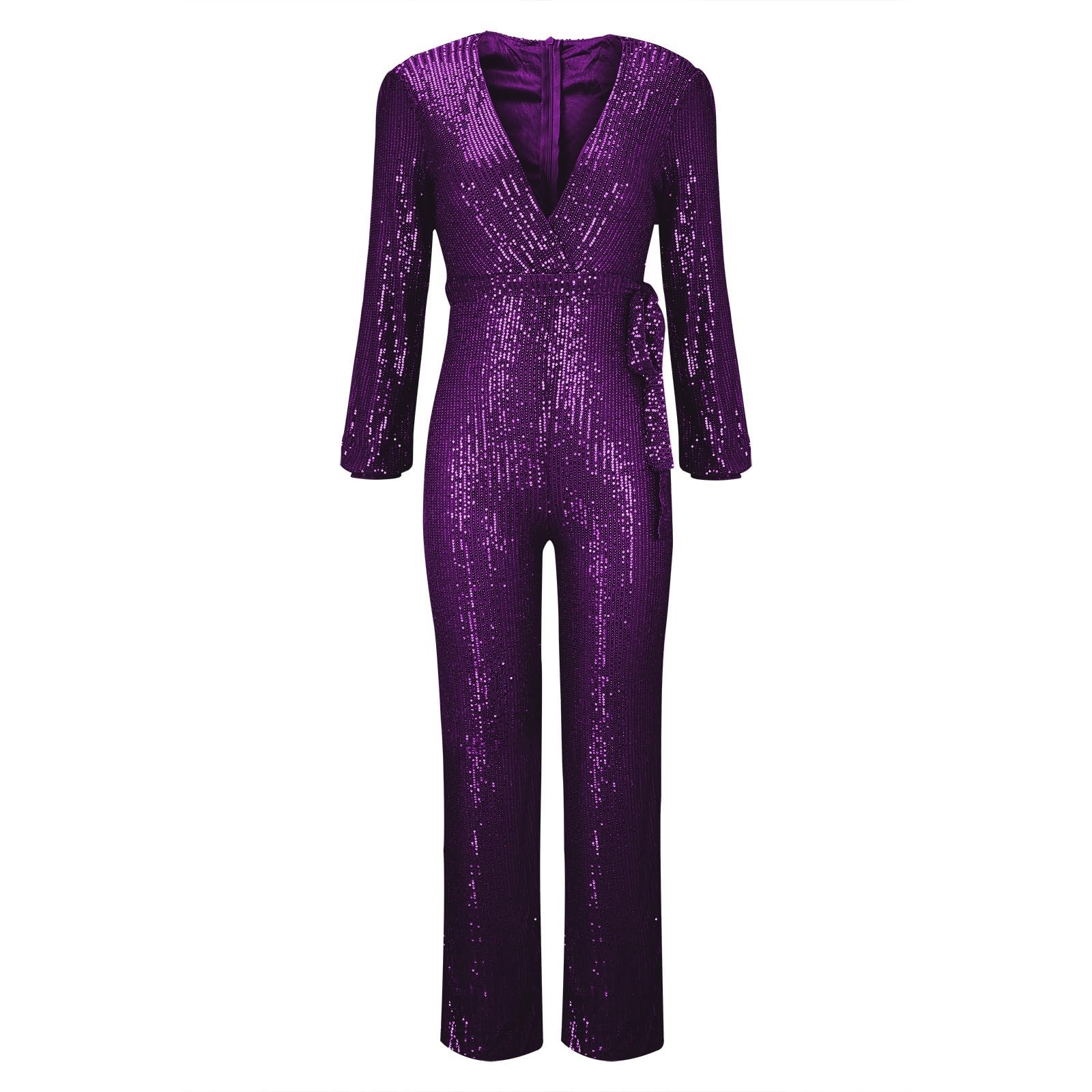 Jumpsuit Damen Elegant Mit Pailletten: Overall Glitzer Langarm V-Ausschnitt Lang Overall Hosenanzug Playsuit Mit Gürtel Romper Lightweight Schnelltrocknende Jumper Für Disco, Kostüm, Karneval