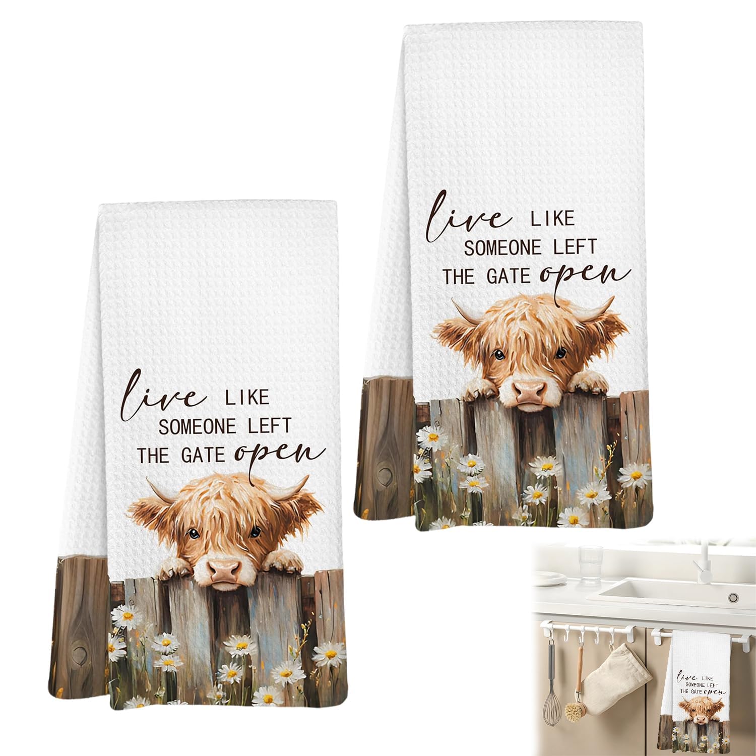 Laicaii 2 Pcs Highland Cow Tea Towels, Highland Cow Kitchen Towels, Decorative Microfiber Tea Towels Set with Fast Drying Texture, Practical Kitchen Towel for Daily Cleaning, Kitchen,