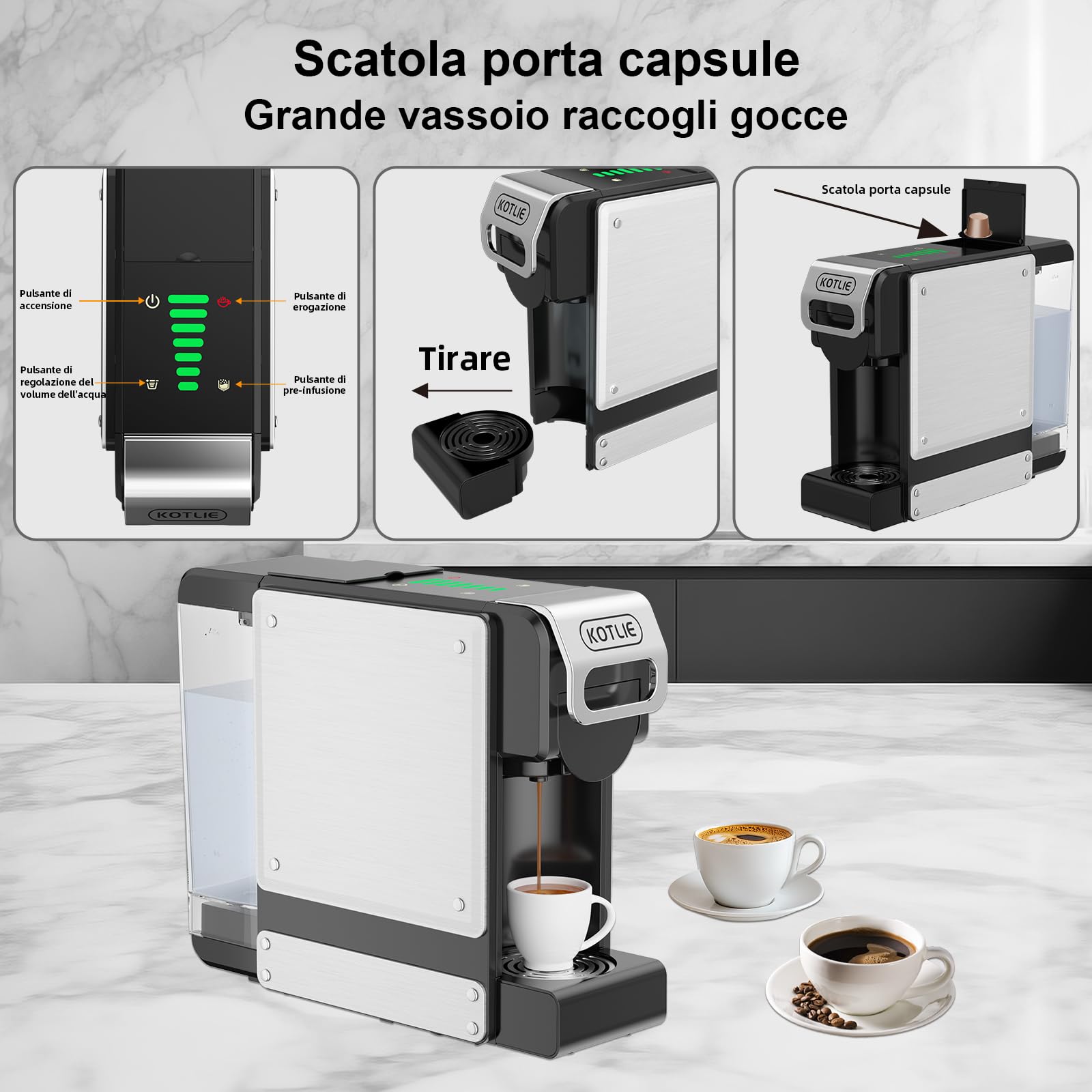 Macchina da caffè a capsule ST-550, Macchina da caffè 4 in 1,per Nespresso Original/per Dolce Gusto/per A Modo Mio e caffè macinato, con serbatoio dell'acqua da 1 litro | 4 in 1 per capsule e polveri NES Original/DG*/Mio*, 7 quantità di acqua, serbatoio d