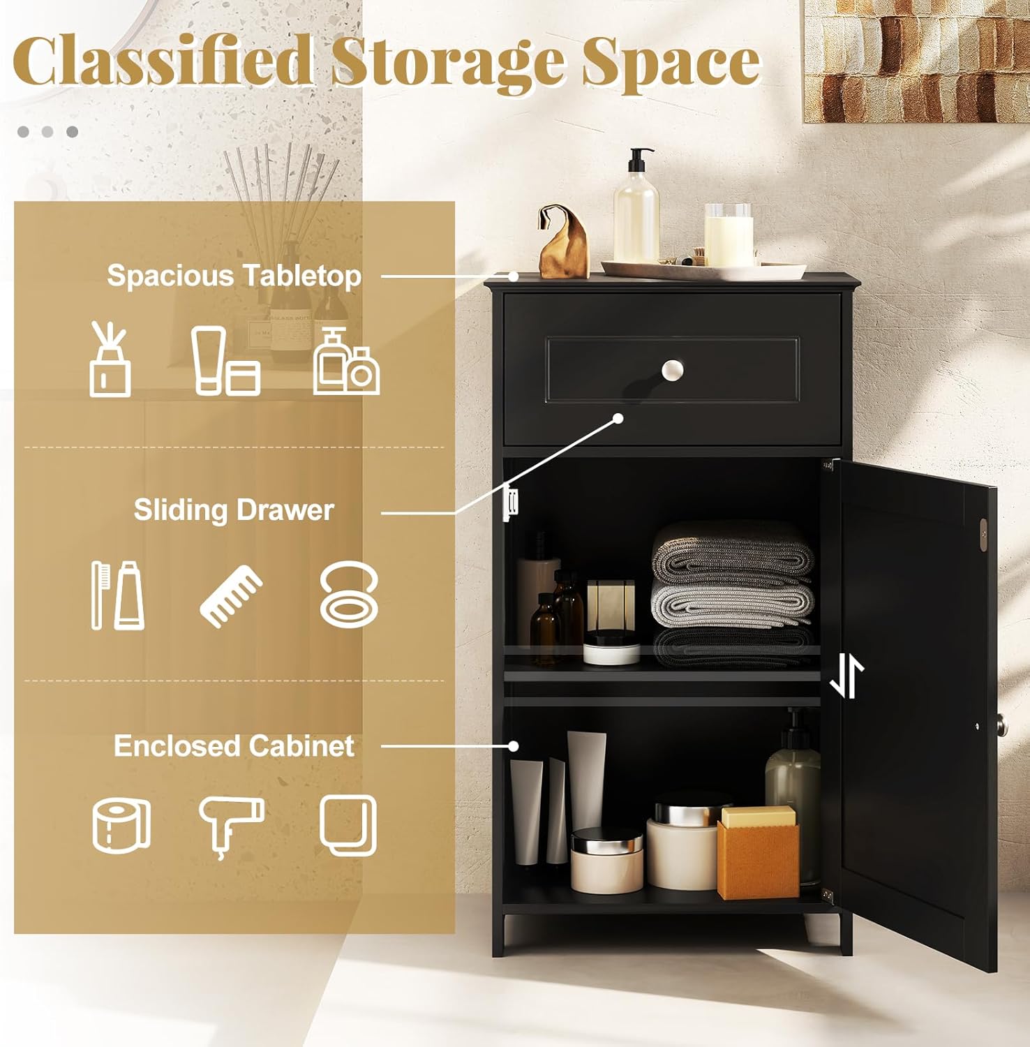 Giantex Floor Bathroom Storage Cabinet - Freestanding Cabinet with Drawer, Door, Adjustable Shelf, Anti-Tipping Device, Storage Organizer for Sofa Side, Bathroom, Living Room, Bedroom, White (Black)