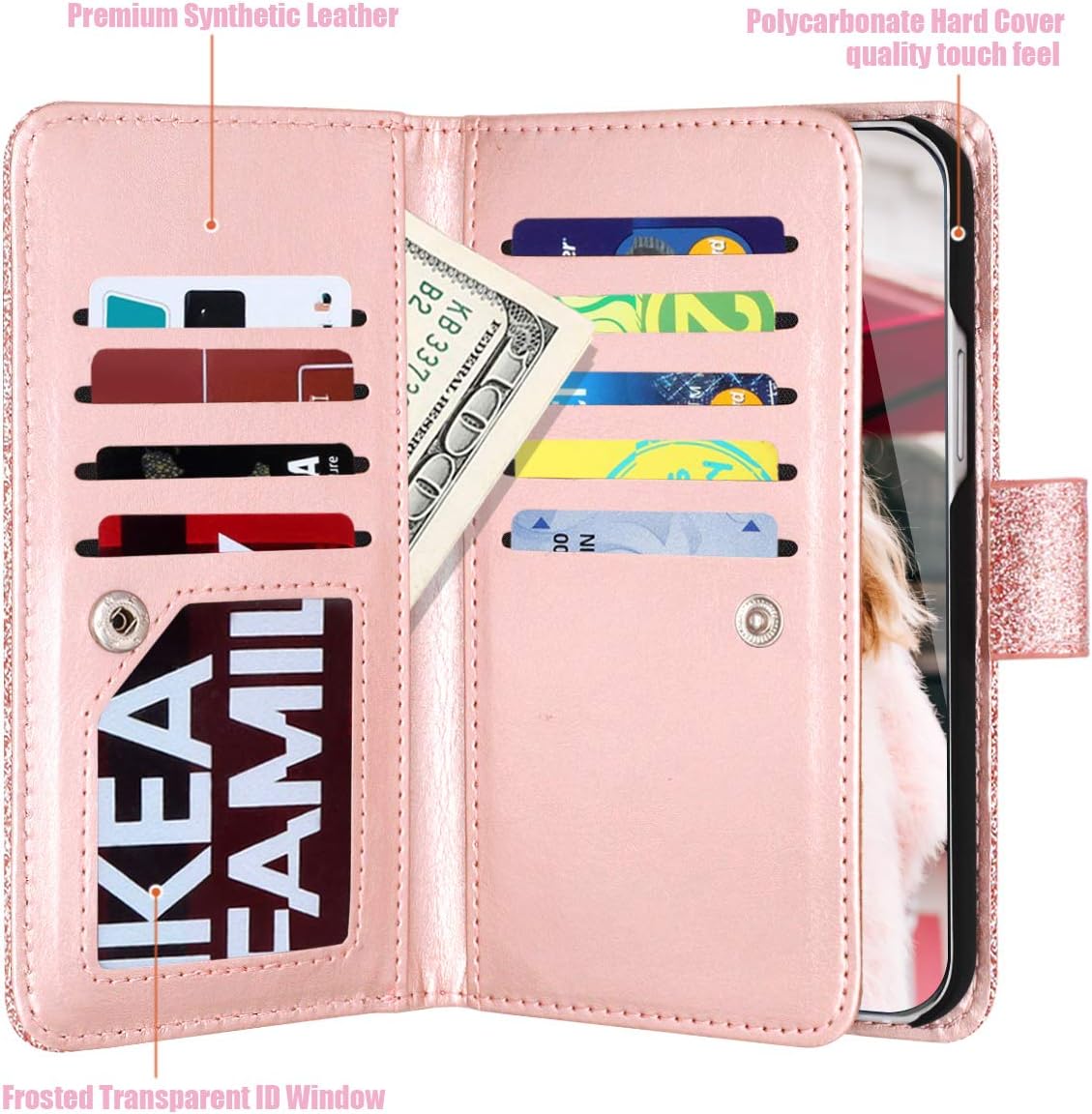 Fingic Compatible with iPhone 12 Pro Max 5G Case Wallet Case Glitter Sparkle Cover 9 Card Holder PU Leather Kickstand Wrist Strap Protective Case for Women Apple iPhone 12 Pro Max 5G 6.7", Rose Gold