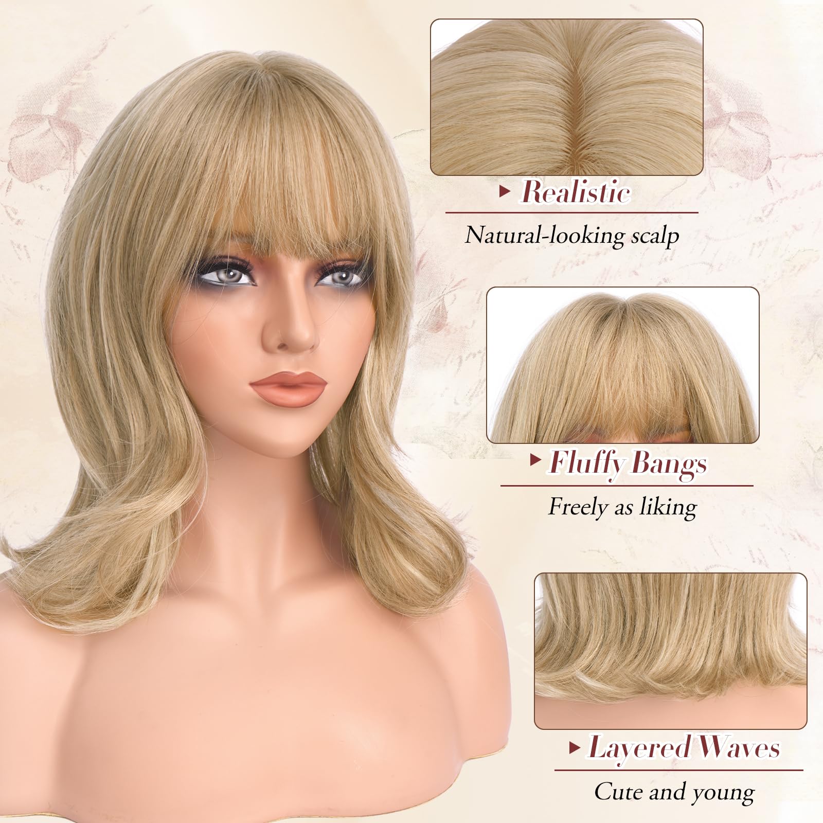 FESHFEN Pelucas Ondulada Bob con Flequillo - Rubio Sucio Pelucas a Capas para Mujeres Naturales Sintético Peluca para Diaria Fiesta Carnaval, 35 cm