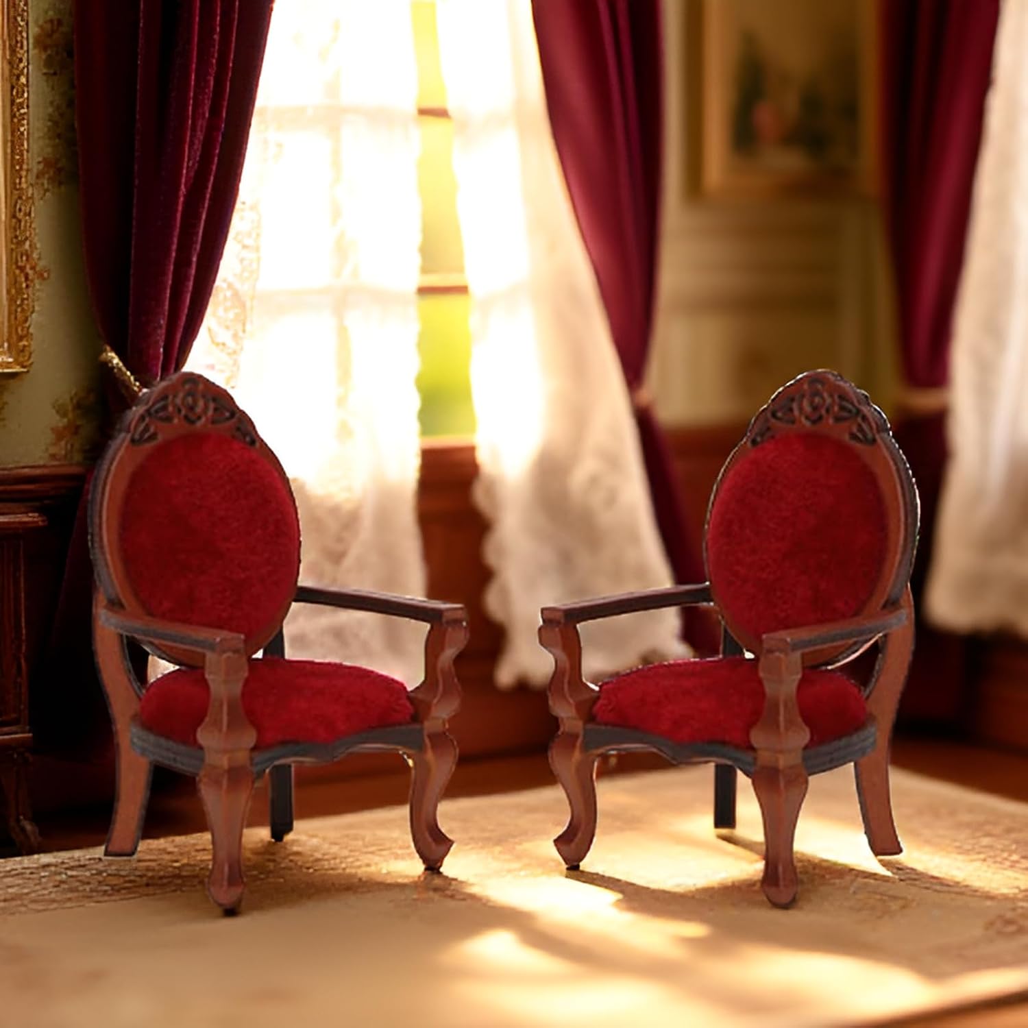 Dollhouse Chair 2PCS Miniature Furniture Retro Vintage Chair Wooden Accessories 1/12 Upholstered Victorian Carved Armchair for Christmas Decoration Ornament (A)