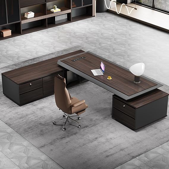Luxury Wood Computer Desk, Brown Wooden Executive Office Desk with Lateral Cabinet Gaming Study Table Business Furniture Set for CEO Boss