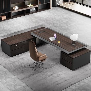 Luxury Wood Computer Desk, Brown Wooden Executive Office Desk with Lateral Cabinet Gaming Study Table Business Furniture Set for CEO Boss