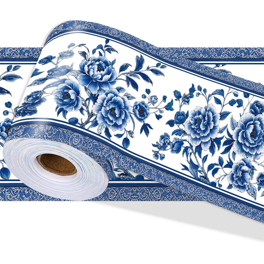 PRESSINART Blue Floral Wallpaper Border 196.9 x 3.9 Inch Chinoiserie Flower Styles, Wall Border Decals Peel and Stick Decorative Die Cut Trim Sticker Roll for Home Office Mirror Window Door Decoration