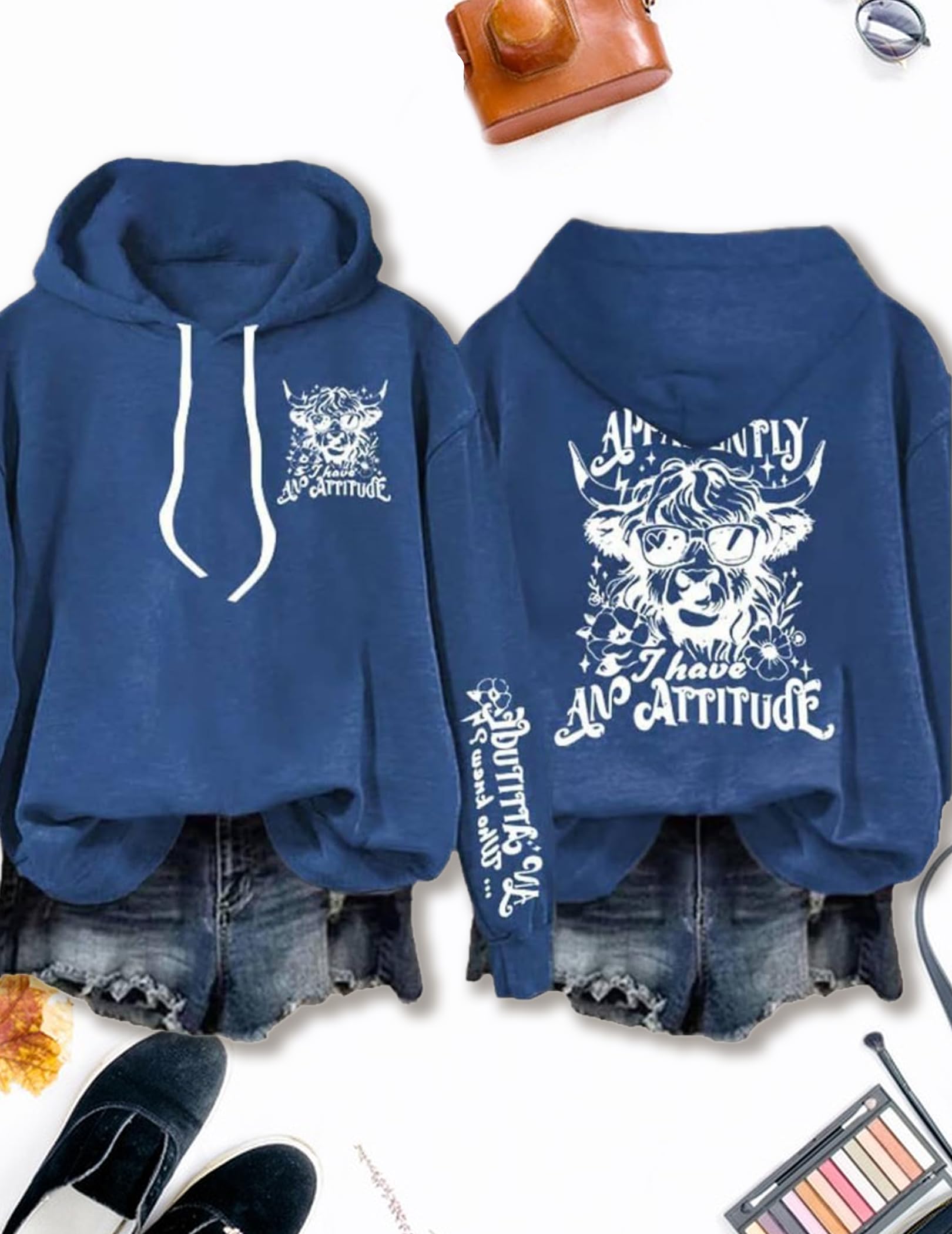 HTU Apparently I Have An Attitude Langarm-Hoodie, doppelseitig Bedruckt, mit Kapuze, süßes Highland-Kuh-Oberteil, stilvolles Kuh-Sweatshirt, modischer Tierpullover