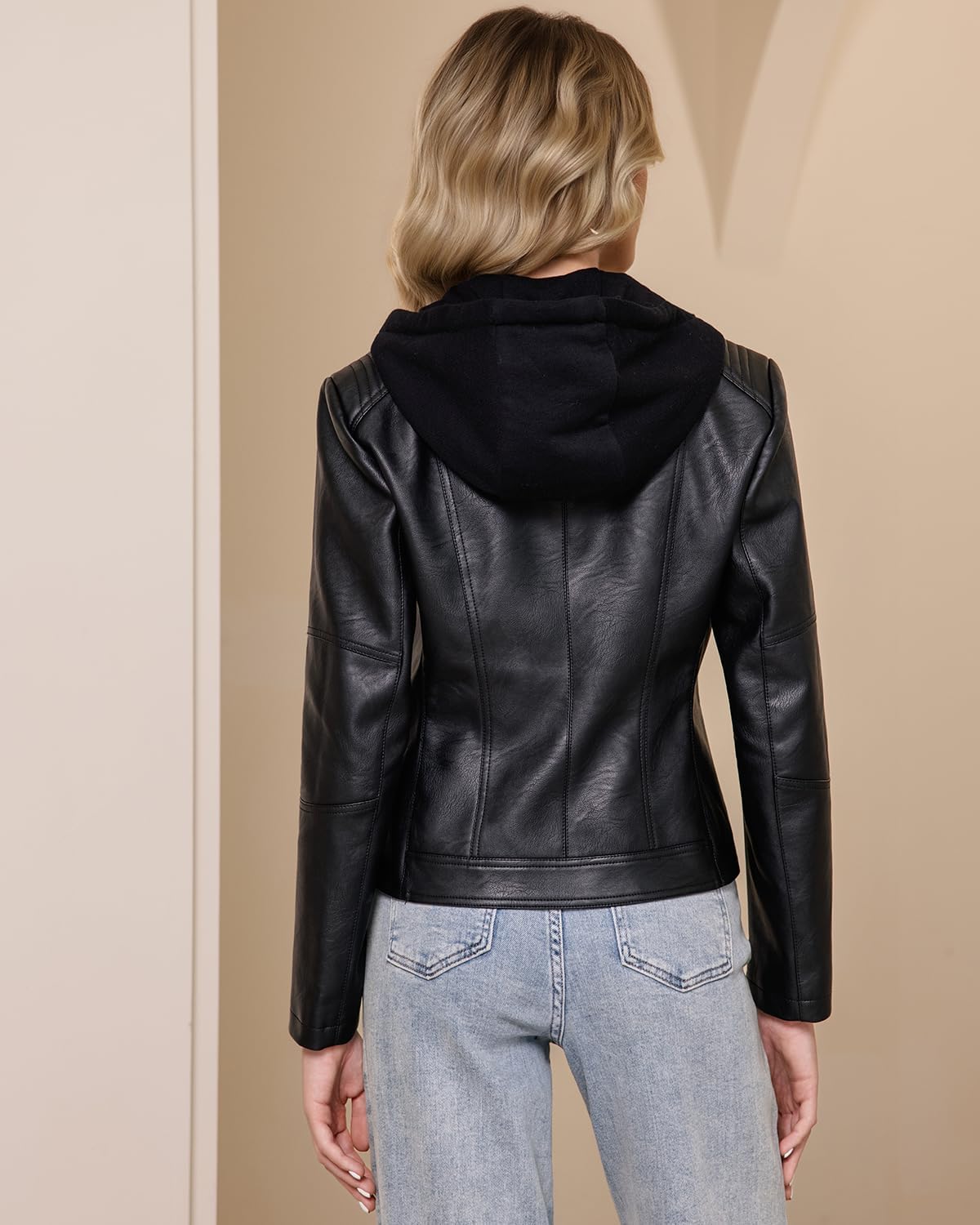 DIASHINY Faux Leather Jacket For Women Removable Hooded Moto Biker Outwear Coat - Image 4