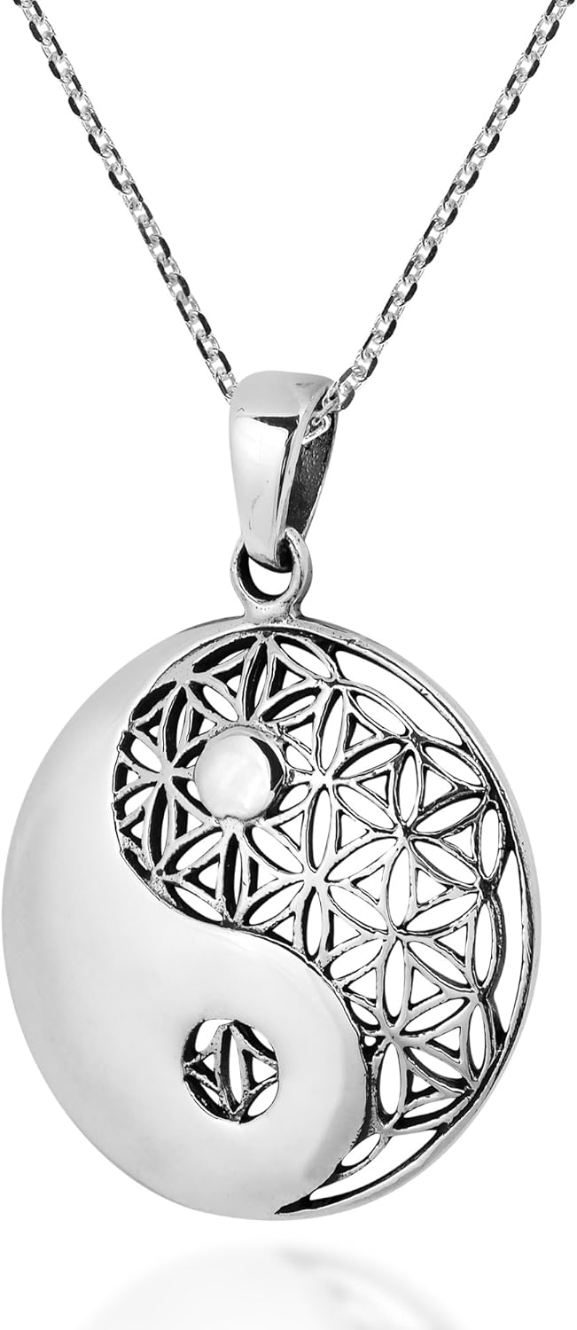 AeraVida Yin Yang Balance Flower of Life .925 Sterling Silver Pendant Necklace | Mystical Sterling Silver Symbolic Jewelry for Men and Women - Image 2