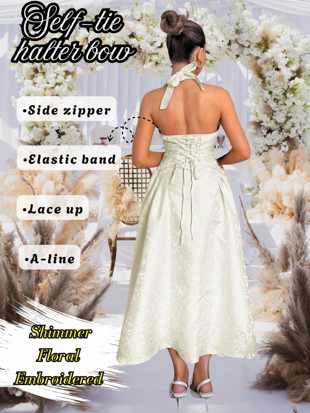 Jacquard Maxi Dress, V Neck A Line, Wedding Guest Prom, Halter Corset Pastel Tea Party Vacation Semi Formal