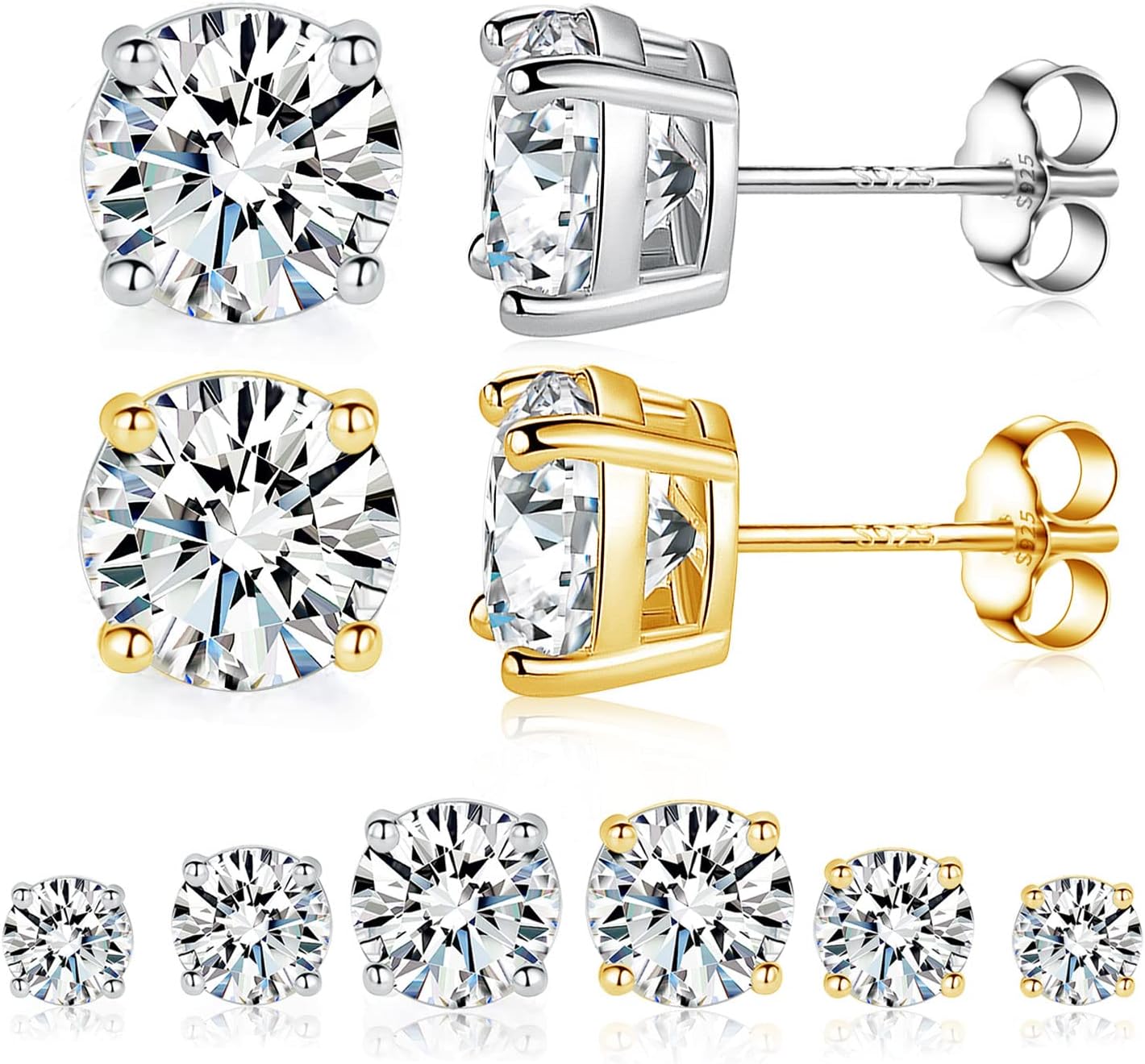 6 Pairs 925 Sterling Silver Stud Earring Set, 18K Gold Plated Princess Round Cut Clear Cubic Zirconia Hypoallergenic Earrings Pack for Women and Men