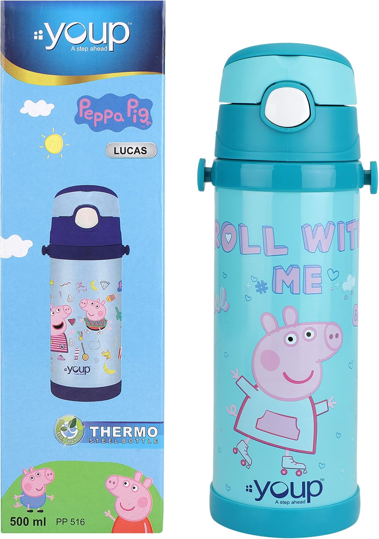 Youp Stainless Steel Green Color Peppa Pig Kids Insulated Double Wall Sipper Bottle Lucas - 500 ml (Green)