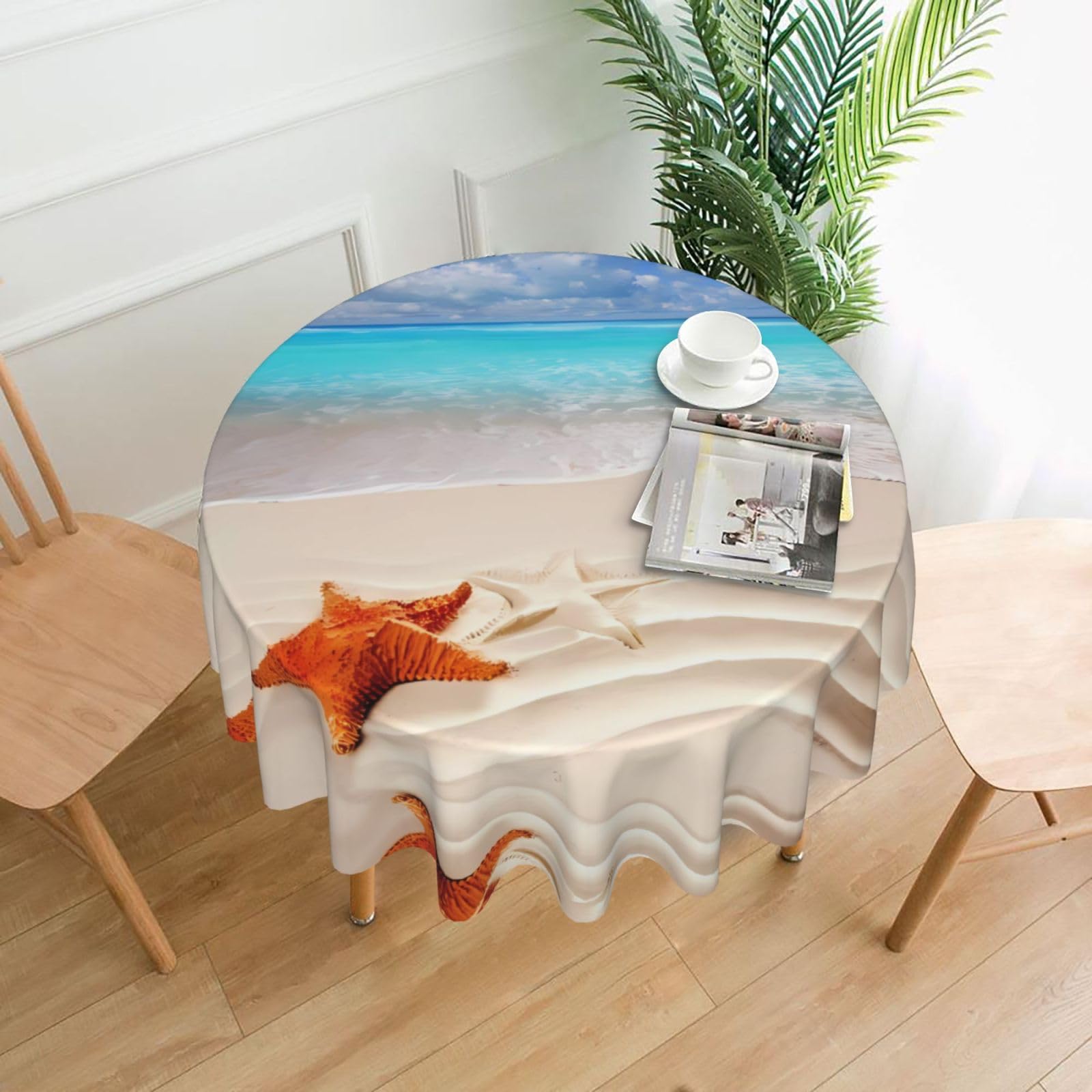 WHJSSF Starfish Ocean Beach Prints Round Decorative Tablecloth 60in - Elevate Your Dining Experience with a Stylish & Protective Table Throw