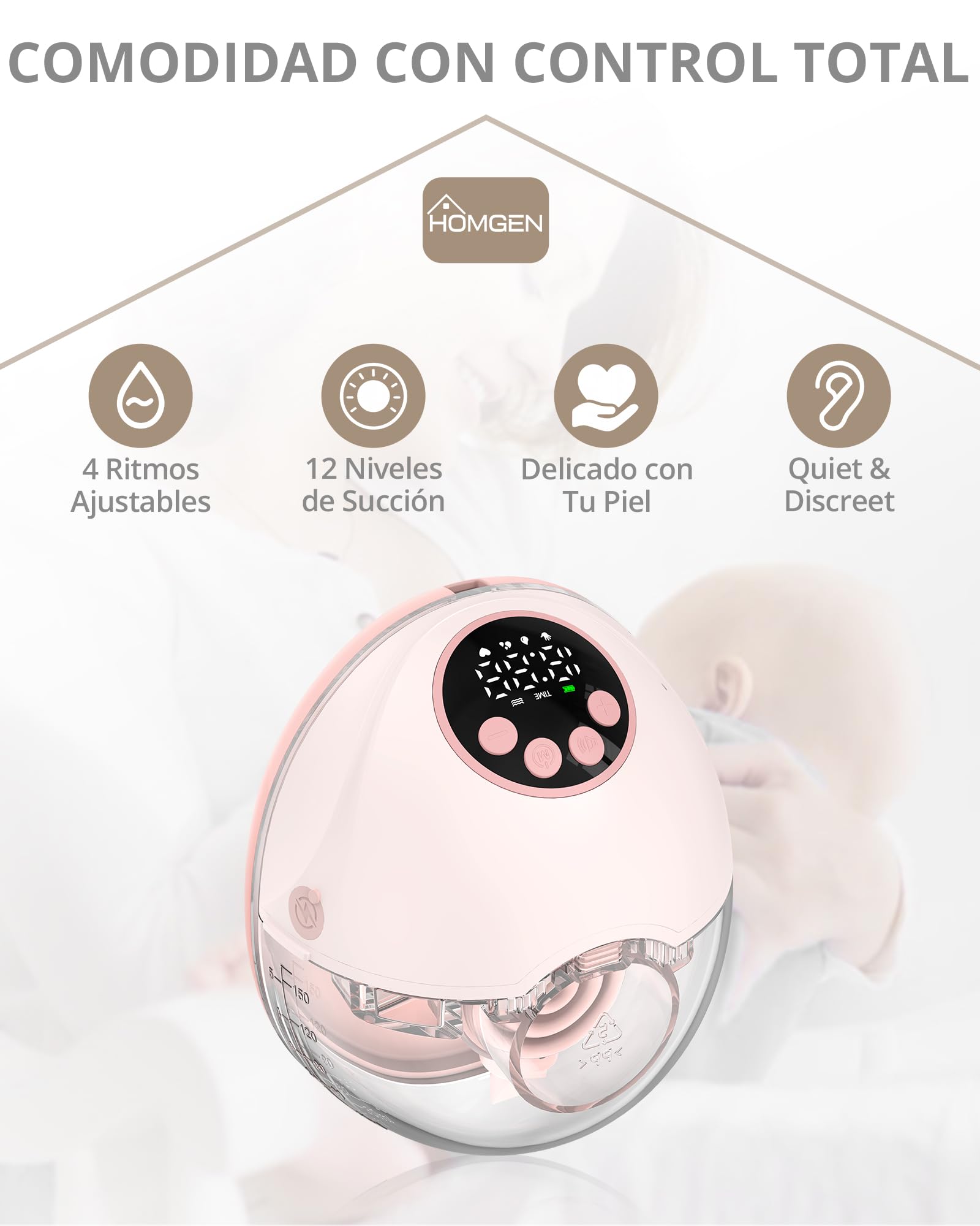 HOMGEN Sacaleches Eléctrico Manos Libres Portátil con Pantalla LED Extractor de Leche Materna Inalámbrico con 4 Modos y 12 Niveles Bomba de Lactancia Silenciosa Recargable para Casa Trabajo y Viaje