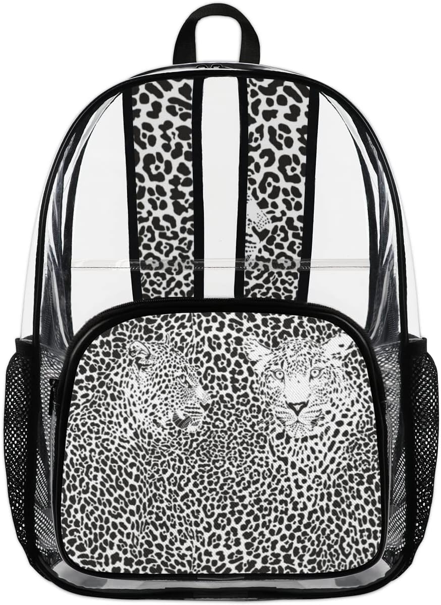 Leopard Texture Black And White Clear Backpack Stadium Approved Heavy Duty PVC Transparent Backpacks Large Laptop Backpack for Work Travel Sports Events Concerts