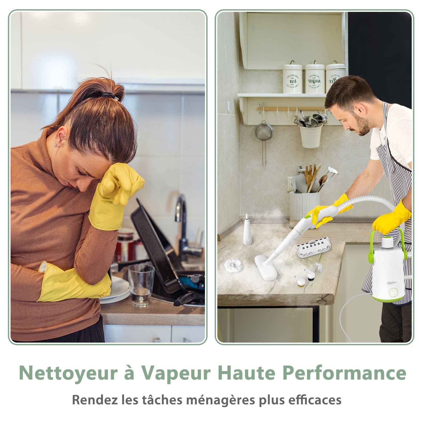 COSTWAY Nettoyeur à Vapeur à Main Portable 1000W avec Réservoir d'Eau de 300 ml, Machine de Nettoyage 10 Accessoires avec tuyau 116CM et cordon 3M, pour Vêtements Vitres Pneus (Blanc + Vert)