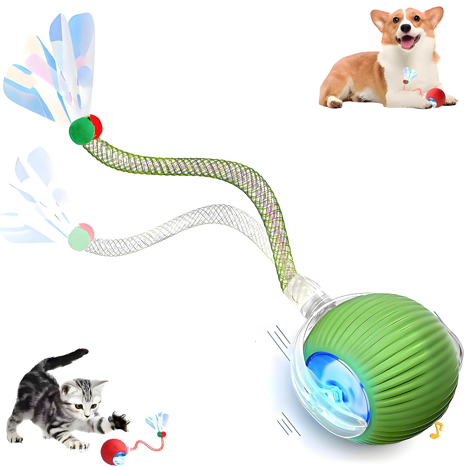 AMWYODK Interactive Cat Toy for Indoor Cats, Rechargeable 360° Automatic Smart Rolling Ball with Feathers, Suitable for Bored Indoor Cats and Dogs (Green)