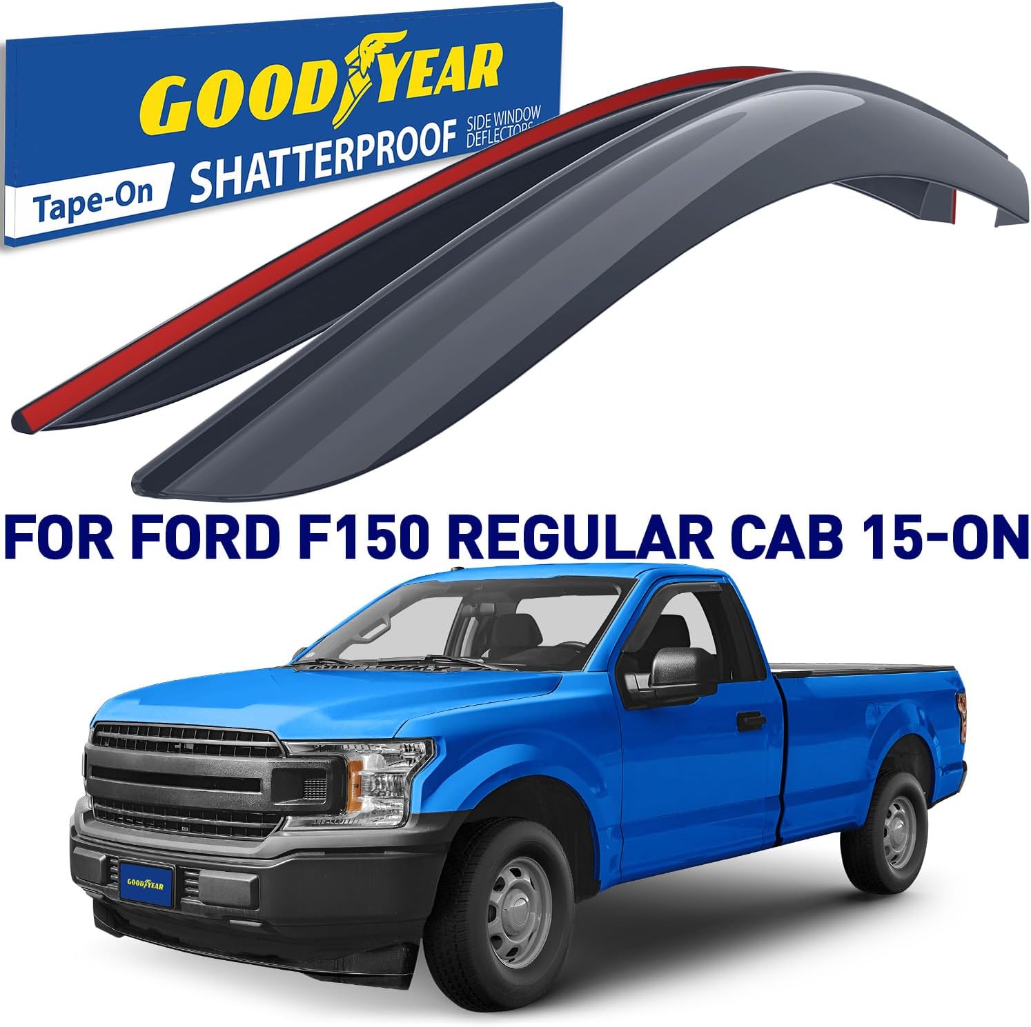 Goodyear Shatterproof Window Deflectors for Ford F150 2015-2026 Regular Cab, Tape-on Rain Guards, Window Visors, Vent Deflector, Vent Visor, Truck Accessories, 2 pcs- GY008717