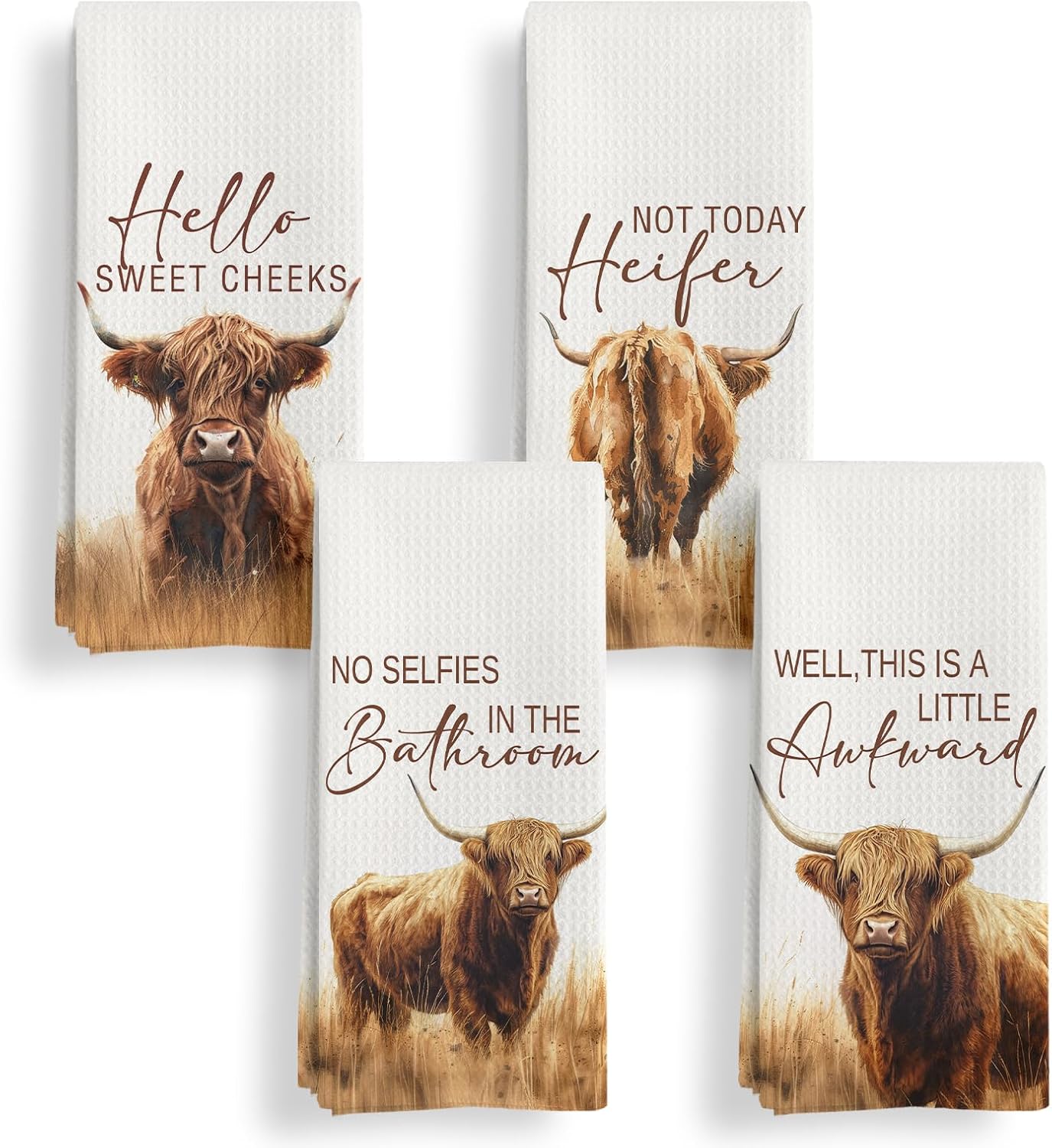 Hightland Western Cow Decor Bathroom Towels Set of 4, Farmhouse Hello Sweet Cheeks Hand Towel Decorative Set, Hightland Cow Lover Gifts Hand Tea Towels 16x24In Dish Cloths & Dish Towels