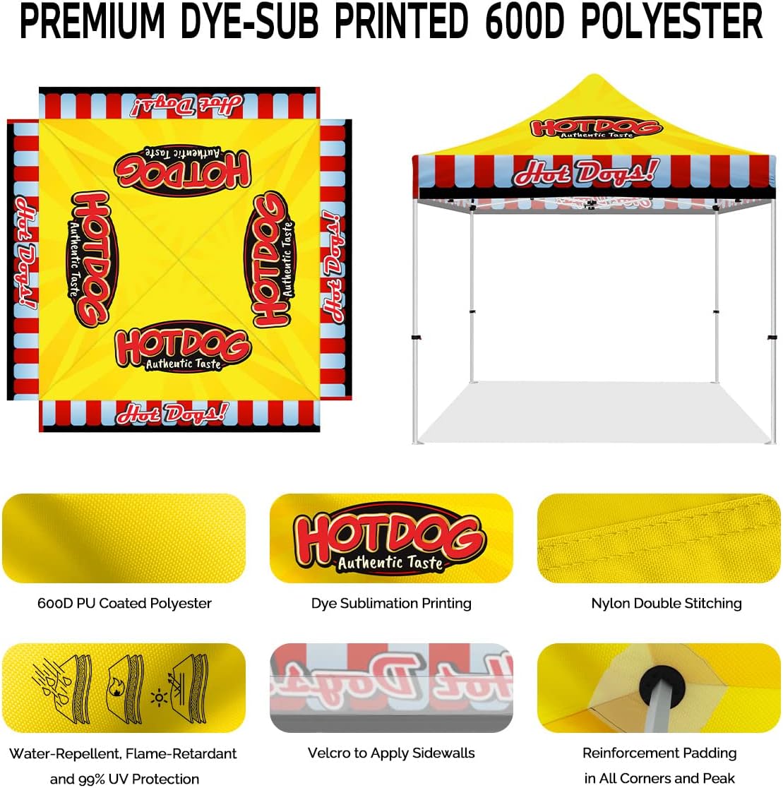Custom Canopy Tent 10x10 with Logo, Personalized Pop Up Canopy Tent with Optional Walls for Business Events, Trade Shows, Farmers Market, Roller Bag Included(Demo Hotdog)
