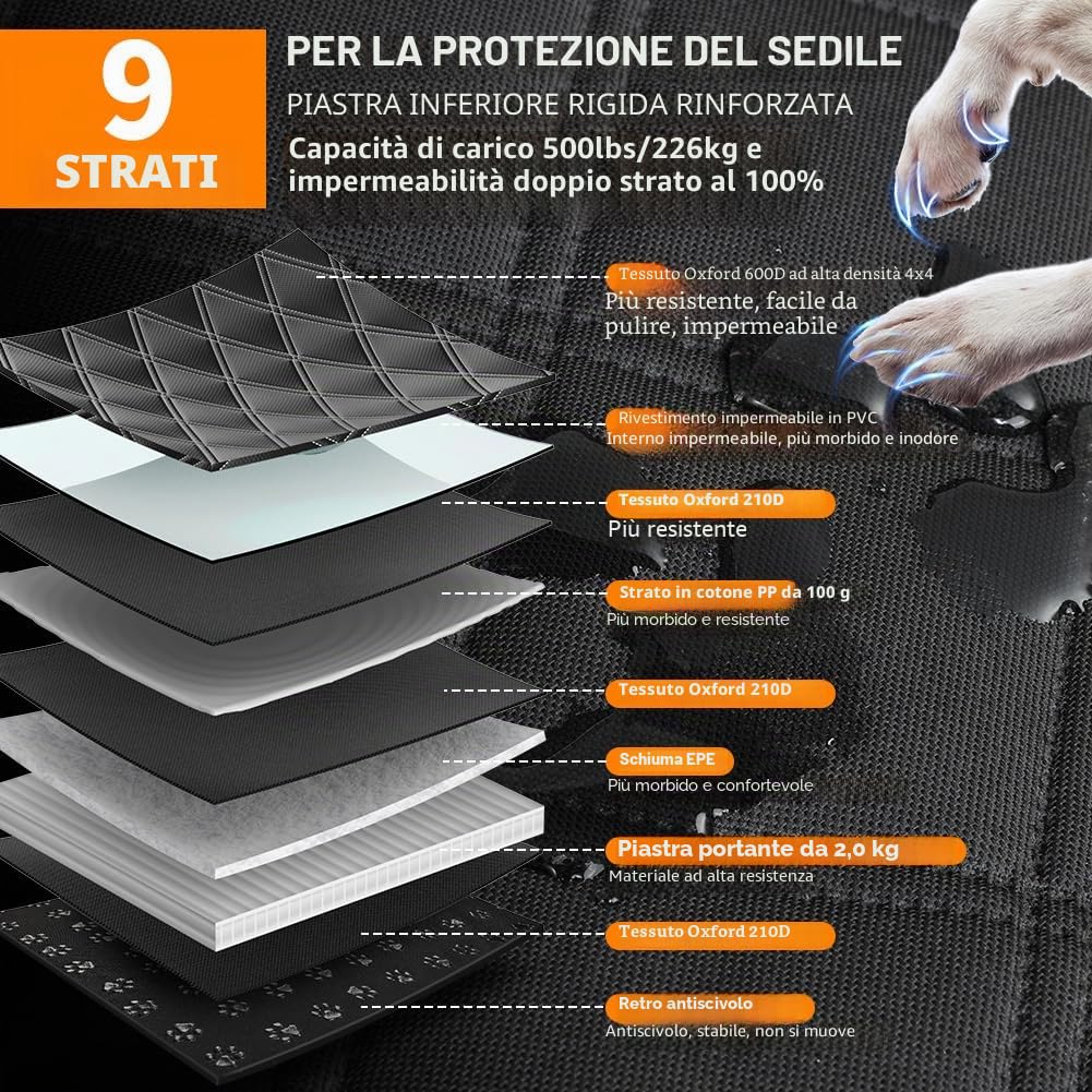 KYG Coprisedile per Cani Con Fondo Rigido, Estensore per Sedile Posteriore, Resistente, Antigraffio e Impermeabile, Telo per Auto e SUV Nero Arancione 132×62×40cm