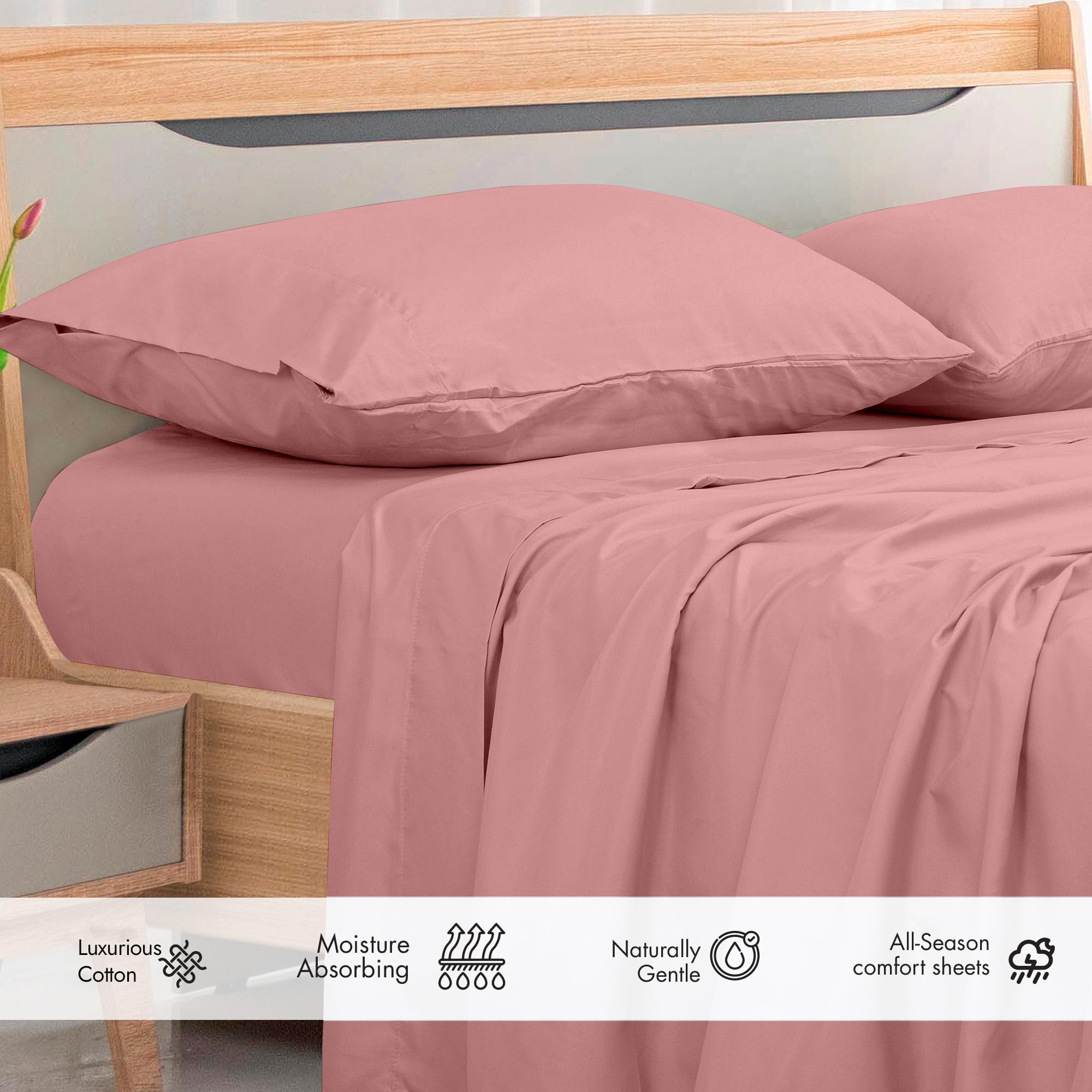 ROYALE LINENS - Sábana encimera de 100 % algodón peinado de fibra larga, 300 hilos, ultrasuave, sábana superior, transpirable, fresca y crujiente, solo sábana encimera de percal (individual, rosa)