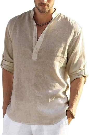 COOFANDY Men's Shirt Long Sleeve Henley Shirt Linen Shirt Cotton Casual Regular Fit Summer Shirt