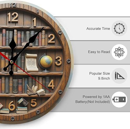 Miniatura 3 de Rustic Bookshelf Clock with Old Books 2D 12 Inch Silent Wall Clock, Frameless Wooden Round Clock with Quartz Movement for Bathroom, Kitchen, Living