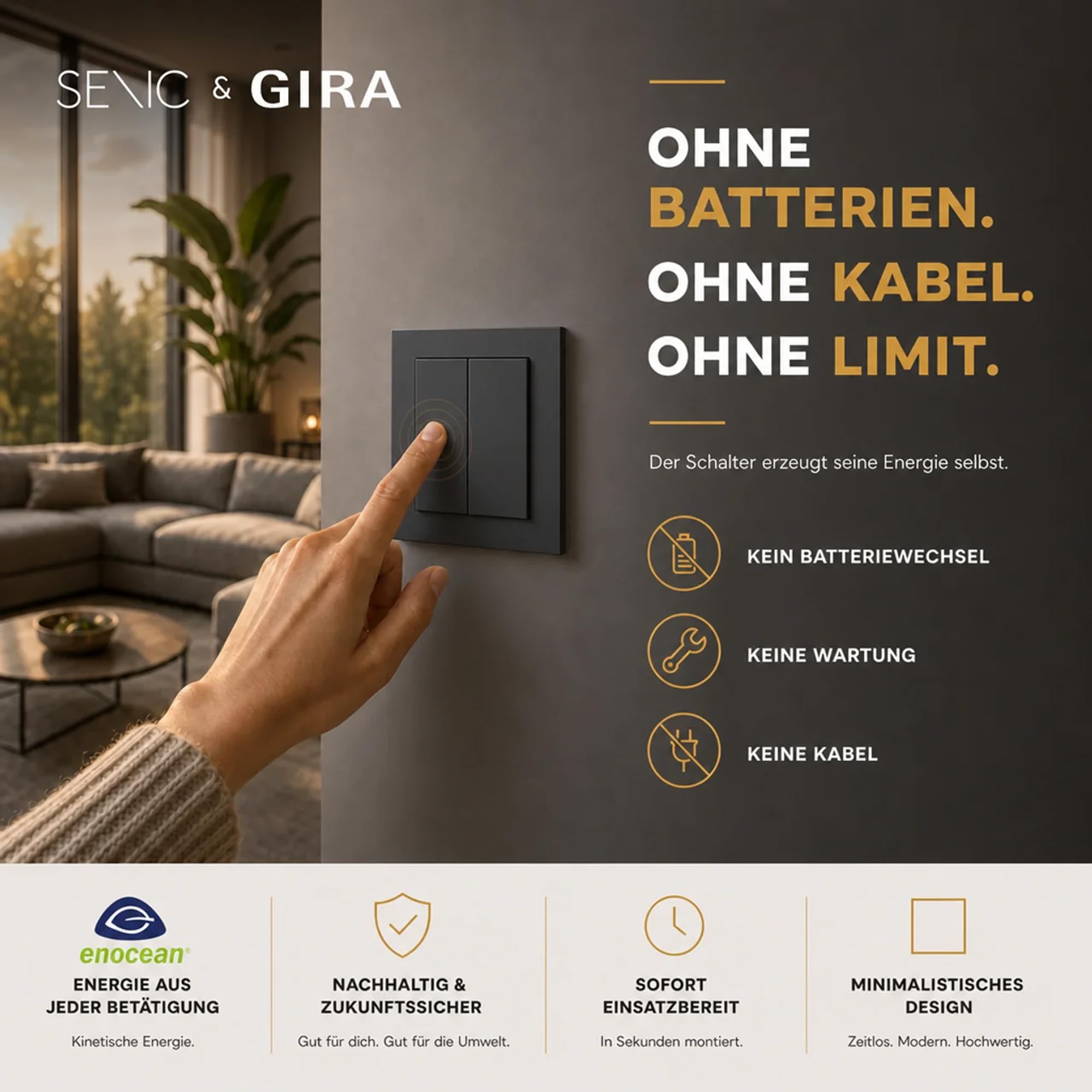 Senic Friends of Hue Smart Home Lichtschalter weiß | Kabelloser & batterieloser Hue Schalter und Dimmer für Philips Hue (Zigbee) | Smart Switch flexibel montierbar & dimmbar