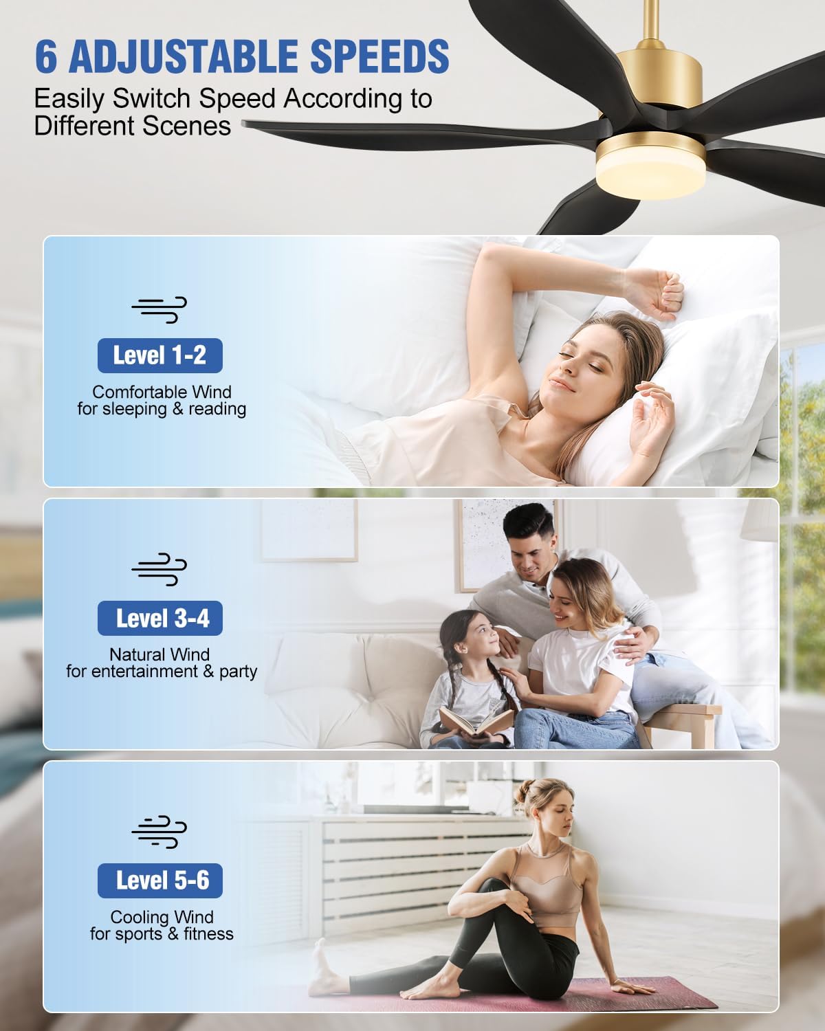 52 Inch Wood Ceiling Fan with Light and Remote, Original USA Patent Outdoor Ceiling Fan, 5 Wood Blades, 3 Downrods, Timer, 6 Speed ETL Certified DC Motor Ideal for Patio Porch Bedroom, Black and Gold